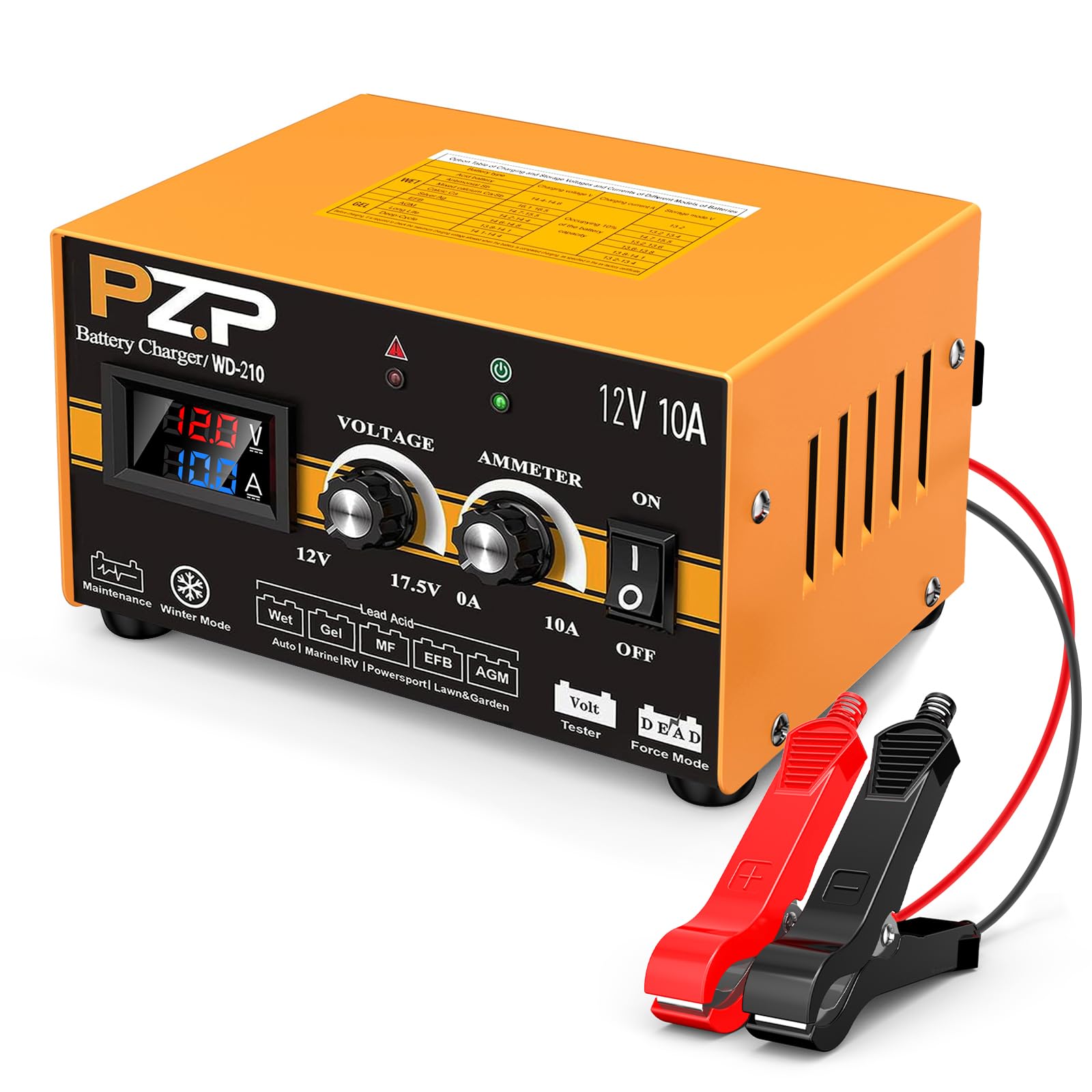 Pzp 12V Manual Battery Charger Maintainer, 0 To 10A Arbitrarily Adjustable Car Battery Trickle Charger, Battery Desulfator With