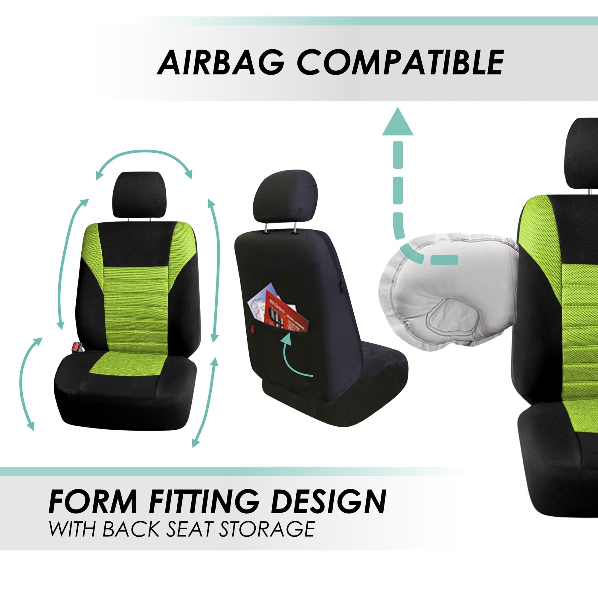 Fh Group Car Seat Covers Premium 3D Air Mesh Front Pair Set Airbag Compatible Green And Black Automotive Seat Covers Universal F