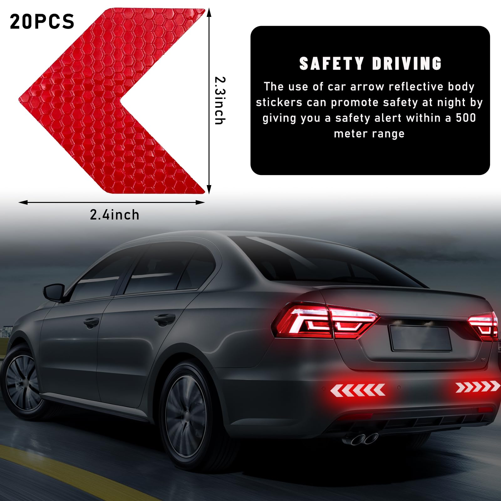 Sylvil 20 Pcs Car Arrow Reflective Stickers, Waterproof Safety Warning Sign Reflective Decal, High Night Visibility Reflector Tape For Auto Trunk Rear Bumper Body, Car Accessories (Red)