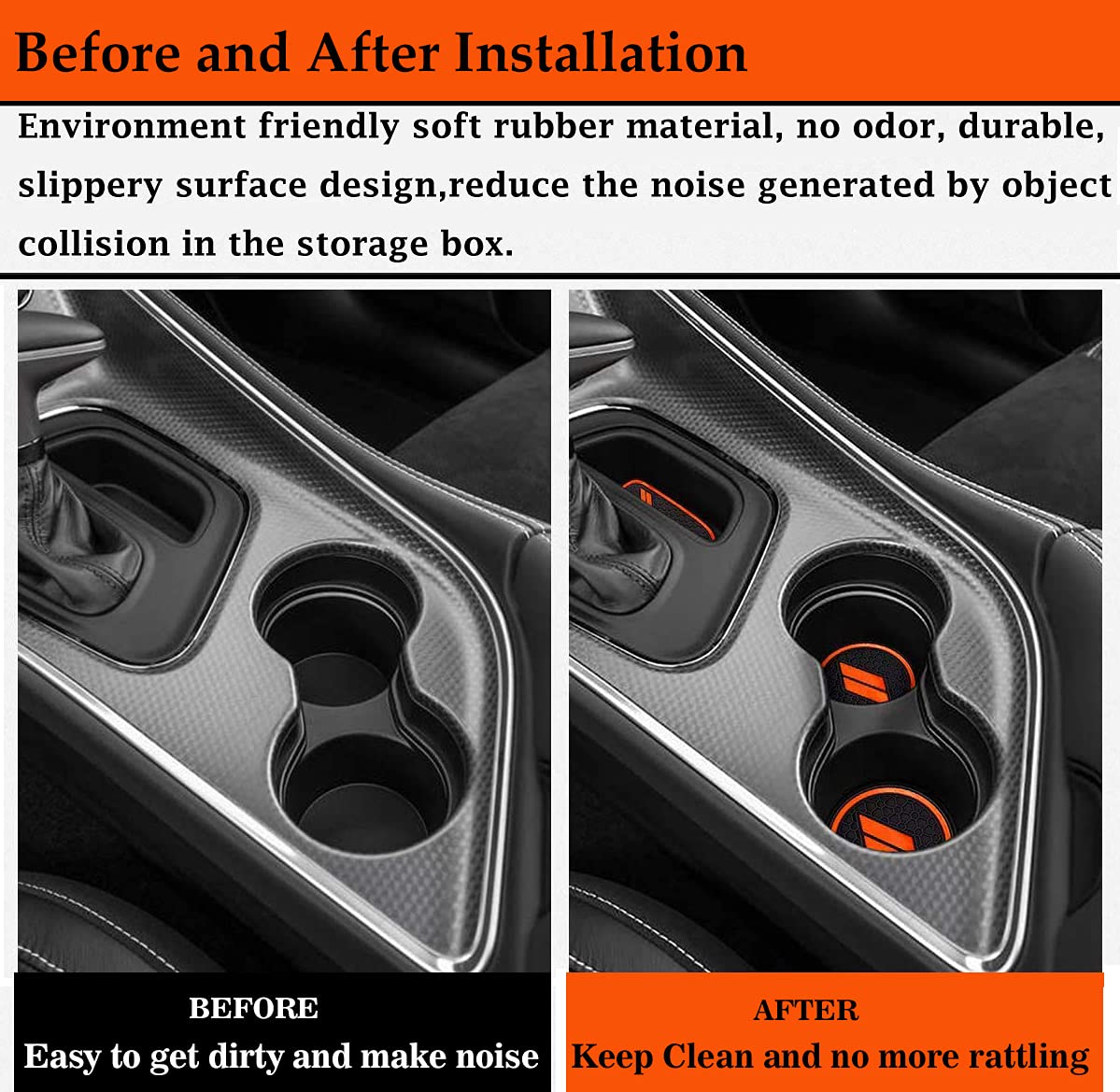 Auprite Non-Slip Anti Dust Mats For Dodge Challenger Accessories 2015-2022, Custom Cup Holder Liners Mats Door Pocket Center Console Liners (Orange/11Pcs)
