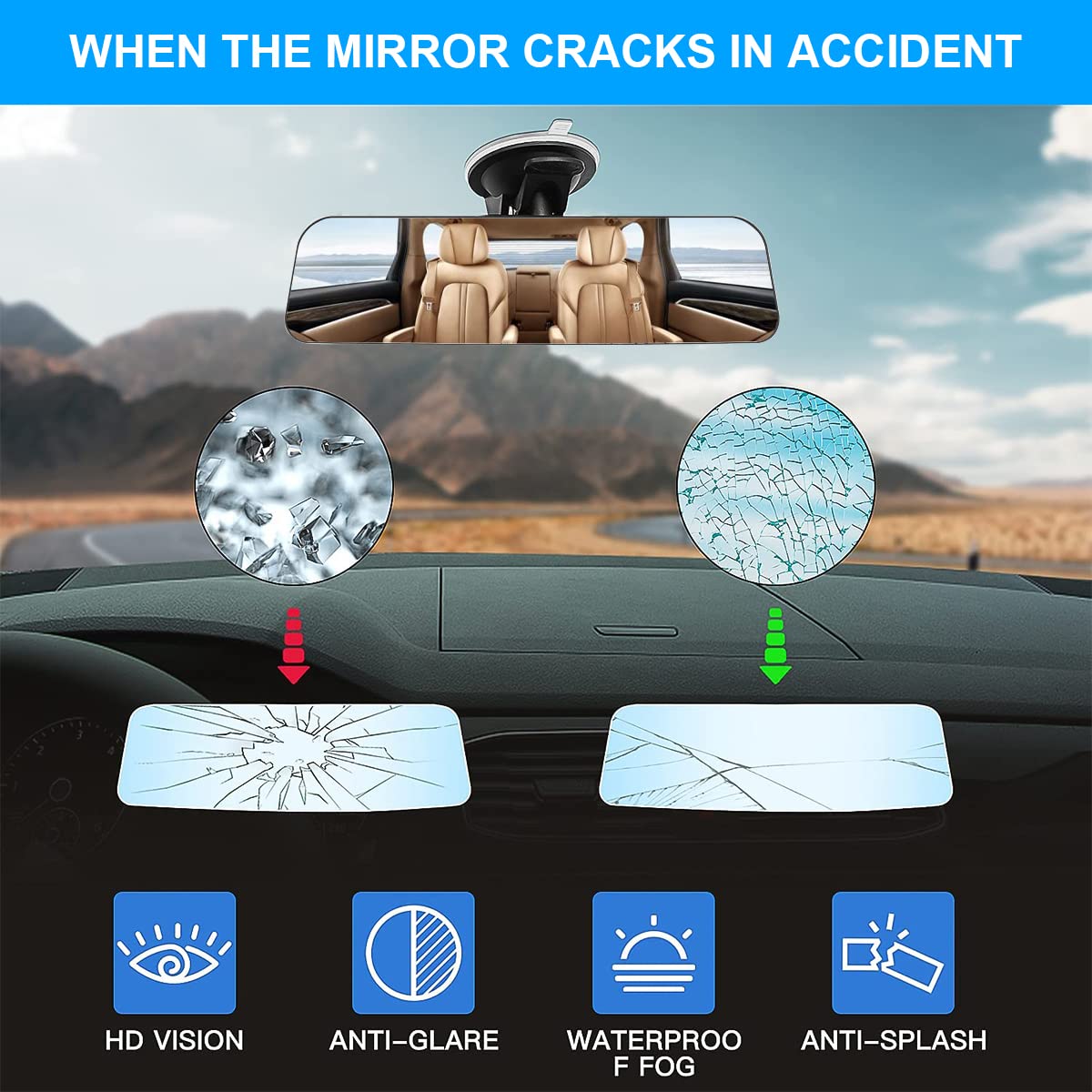 12'' Car Rear View Mirror With Suction Cup, Convex Wide Angle Hd Auto Inside Rearview Mirror, Anti Glare Reduce Blind Spots, 360 Degrees Adjustable, Universal For Marine, Boat, Truck, Suv, Van