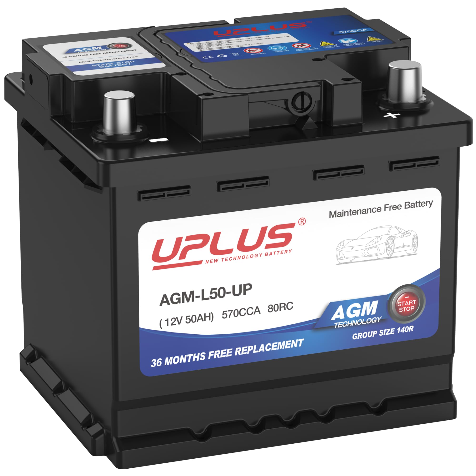 Uplus Bci Group 140R Car Battery, Agm-L50-Up Maintenance Free 12V 50Ah Premium Agm Batteries H4 Ln1 Automotive Battery, 570Cca,