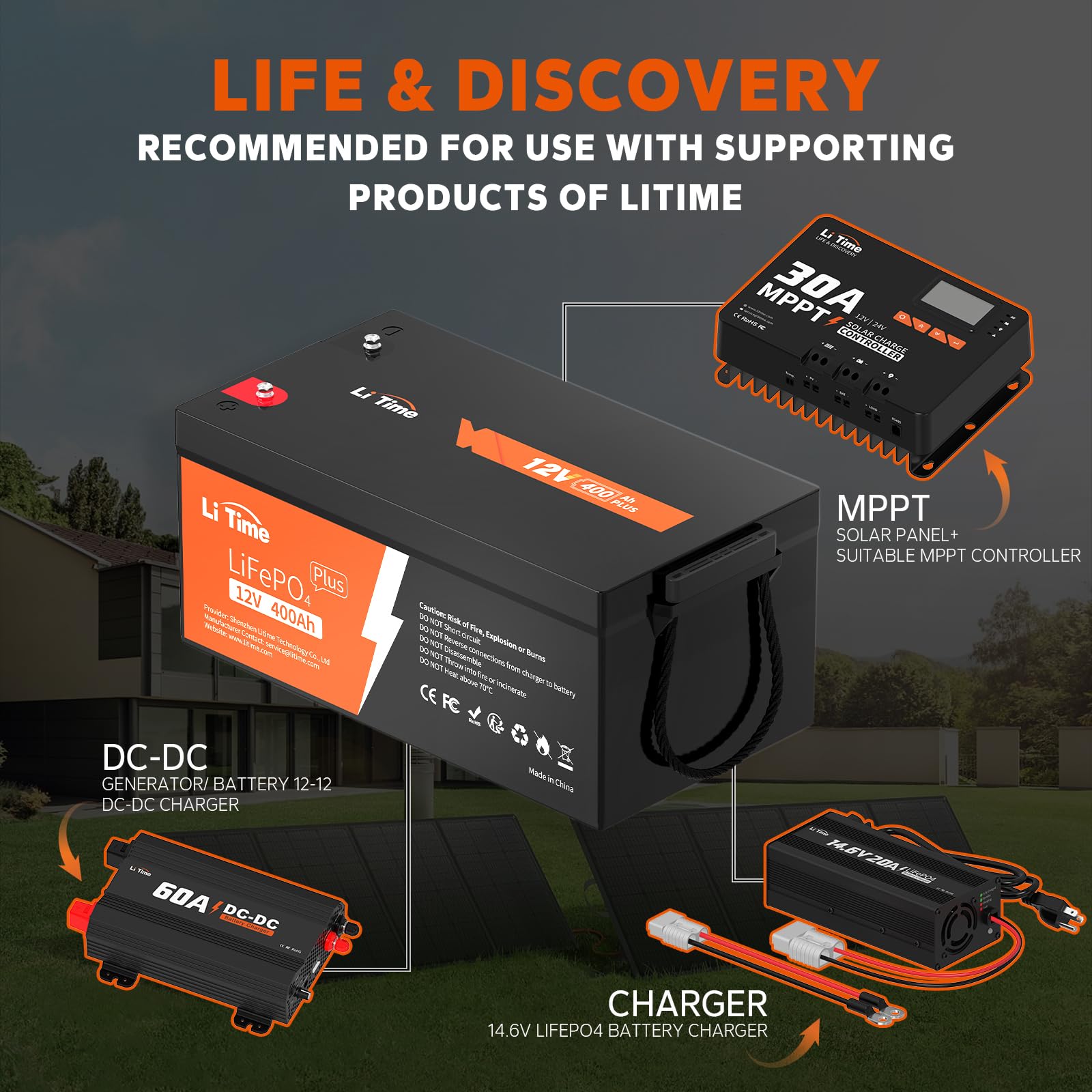 Litime 12V 400Ah Lifepo4 Lithium Battery 3200W Max. Load Power Group 8D Battery Built-In 250A Bms 5120Wh Usable Energy 4000-15000 Cycles & 10-Year Lifetime Perfect For Rv Home Solar System Fishing