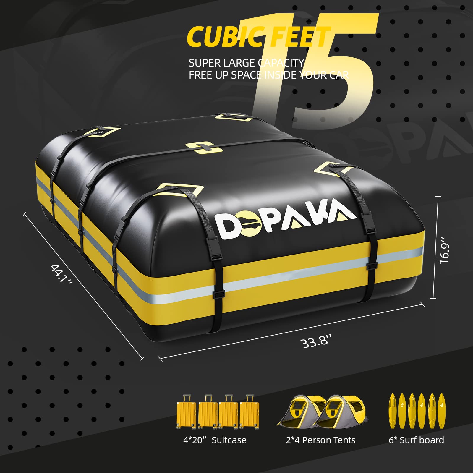 Car Rooftop Cargo Carrier Bag,100% Waterproof Heavy Duty 1000D Car Top Carrier,15 Cubic Feet Car Roof Bag For All Vehicle With/Without Rack,Anti-Tear Anti-Slip Mat, Luggage Lock,6 Door Hooks