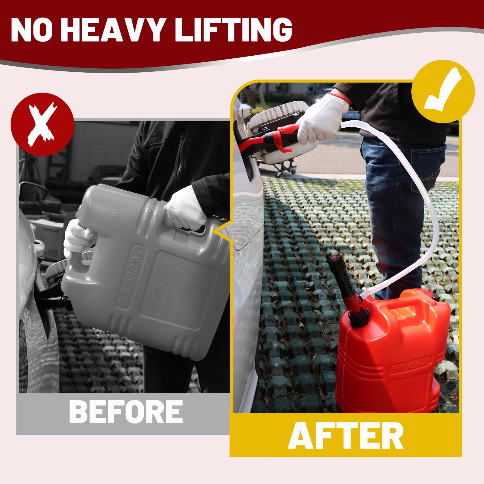 FUELIO Gas Transfer Pump Battery Powered - Fuel Transfer Pump with Nozzle - Battery Operated Gas Pump With 3 FT Long Hose 2.2 GP