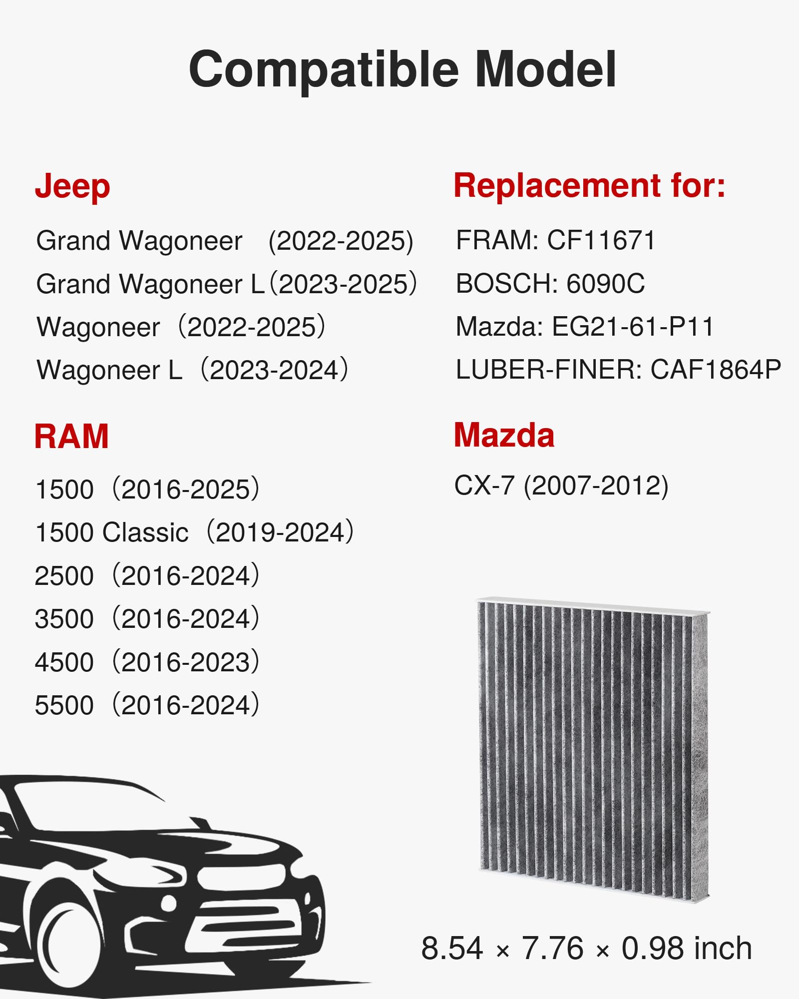 Puroma Cabin Air Filter With Activated Carbon, Replacement For Cf11671, 6090C, Caf1864P, Mazda: Eg21-61-P11, Jeep Grand Wagoneer