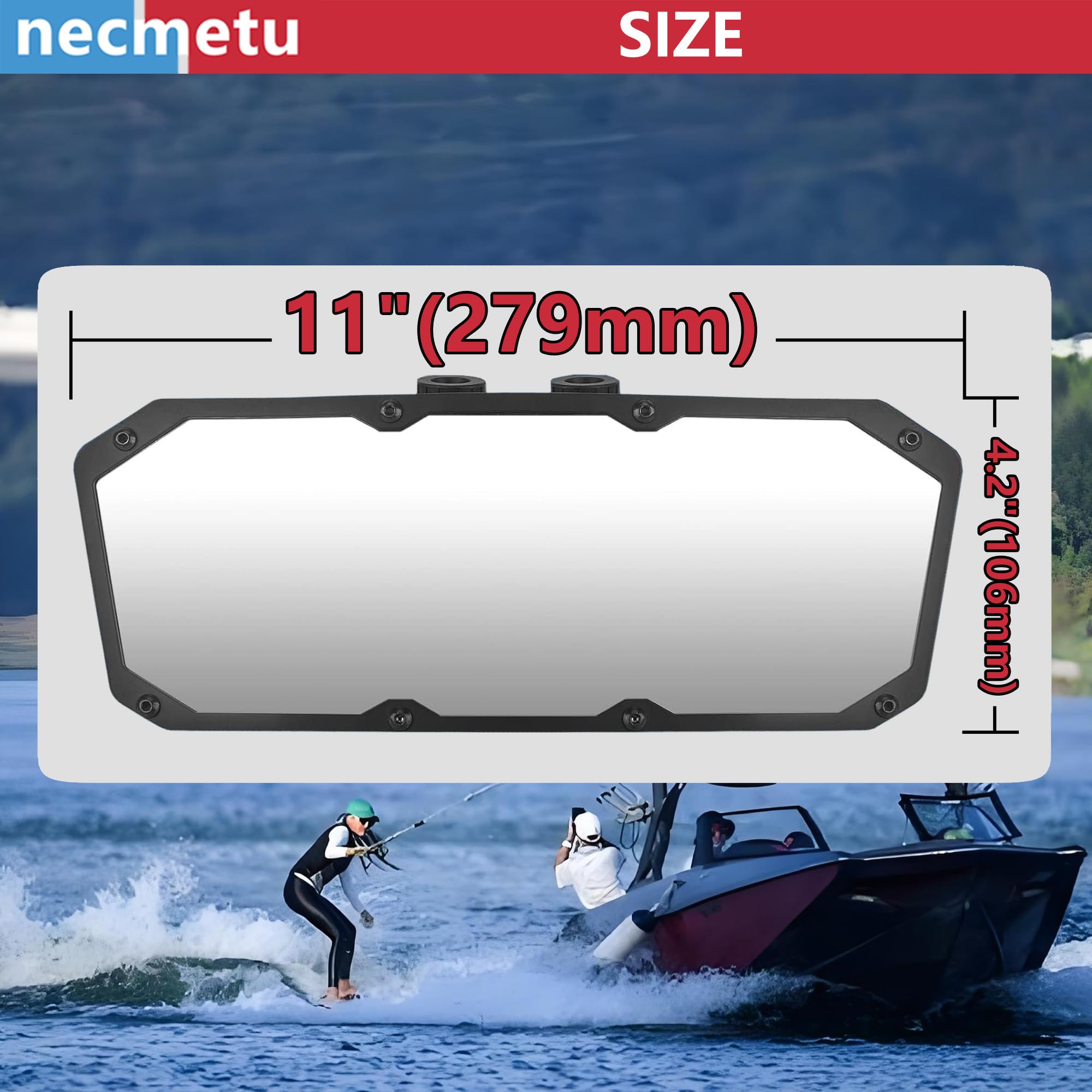 Boat Rear View Mirror 4.2x11,Universal Wide-Angle Convex Rear View Mirror for circular and square tubes, for Ski Boat Pontoo