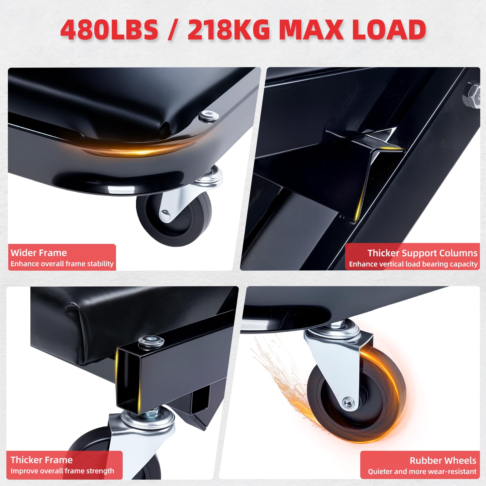 WheelX Mechanic Creeper 40 inches 2-in-1 Mode Z Seat 480lbs Capacity, Foldable Garage Adjustable Rolling Folding with 6pcs Wheel