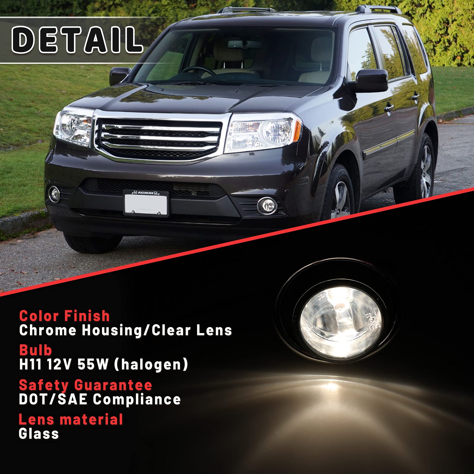 Autowiki Fog Lights For 2012 2013 2014 2015 Honda Pilot Lamps Assembly Glass Lens Driver Passenger Replacement 1 Pair