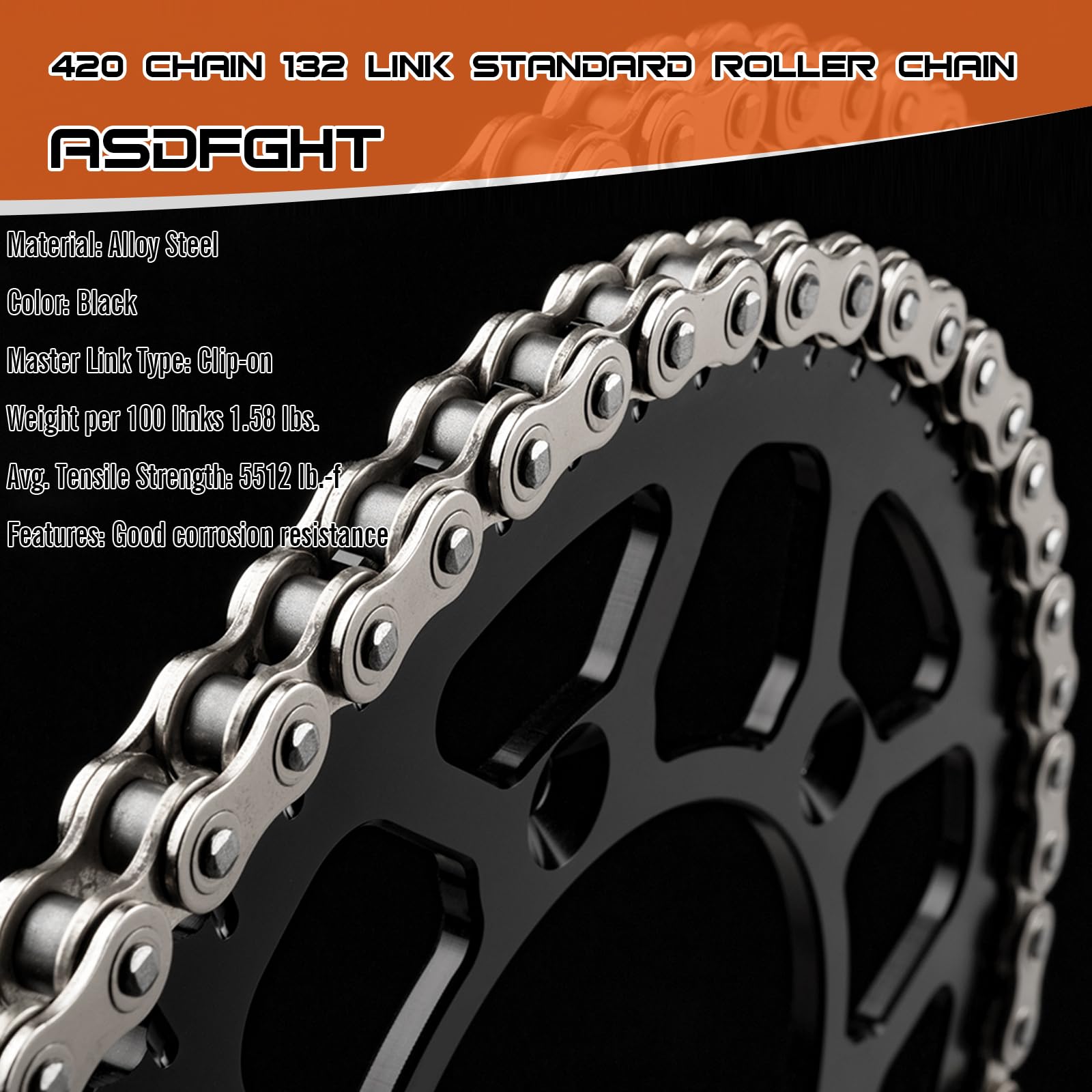 ASDFGHT 420 Motorcycle Chain - Heavy Duty 132 Links, Alloy Steel, Black - Ideal for 110cc, 125cc ATV, Dirt Bike, Mini Bike, Scooter