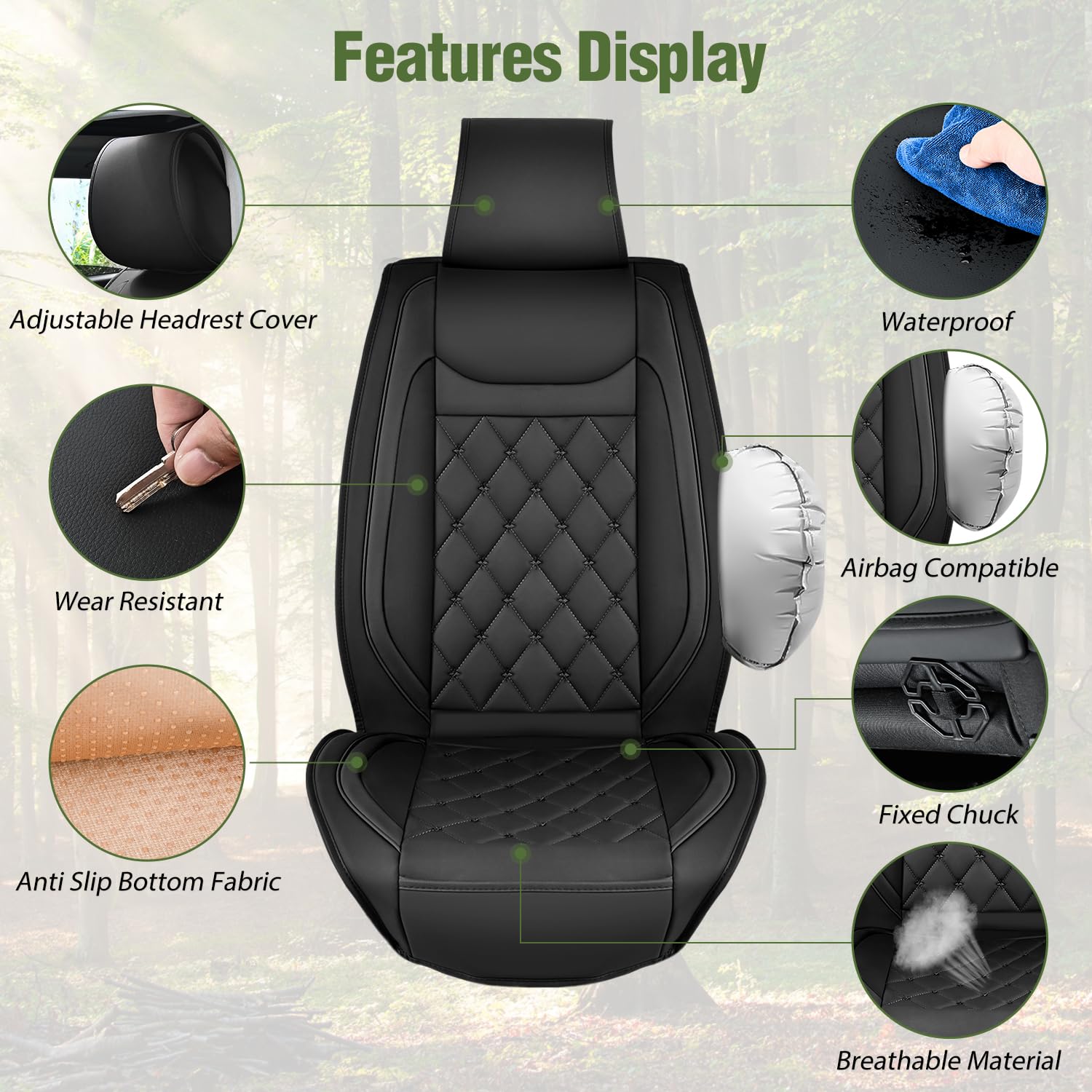Nilight Car Seat Covers Waterproof Breathable Faux Leather Cushions Anti-Slip Universal Cover For Hyundai Honda Accord Kia Civic
