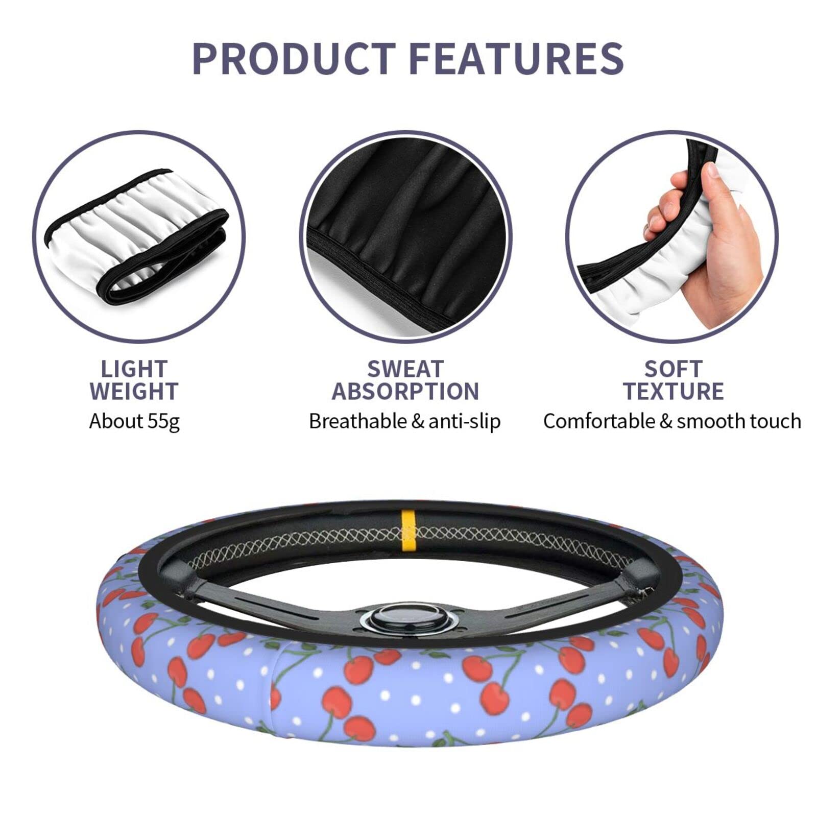 Purple Cherry Steering Wheel Cover for Women Men with 2 Pcs Car Coasters, Universal 14.5-15 Inch Rainbow Steering Wheel Covers N