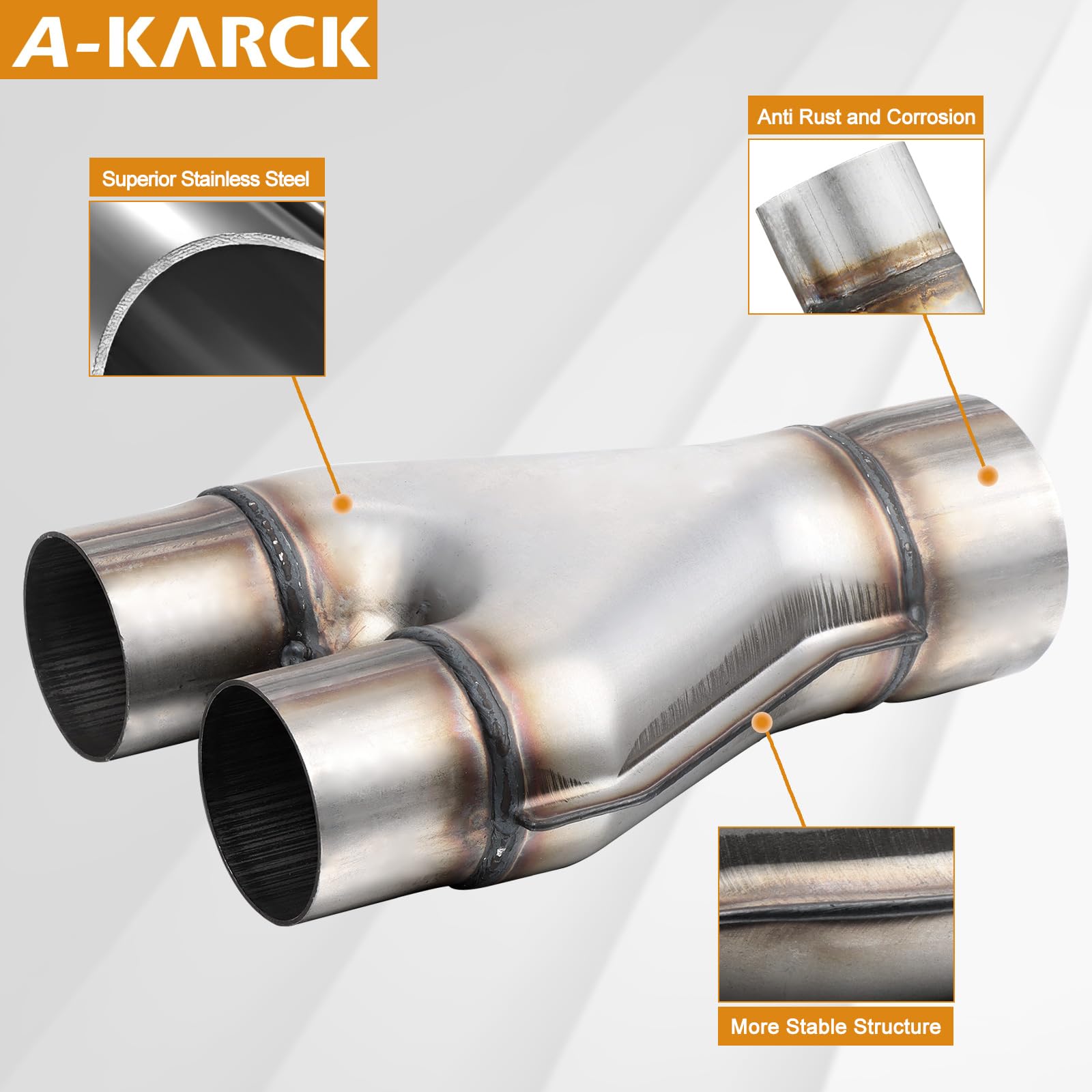A-Karck Exhaust Y Pipe 3'' Inlet, Stainless Steel 2.25'' Outlet 10'' Long Y Pipe Withstands High Temperatures