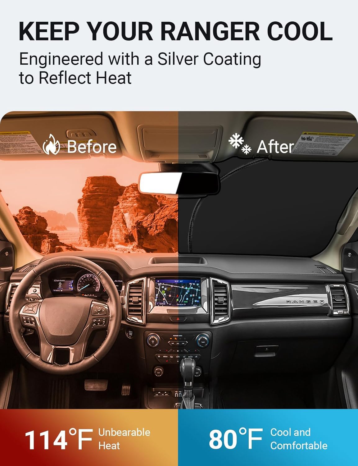 Proadsy Front Windshield Sun Shade Foldable Sunshade Protector Custom Fit 2019-2024 2025 Ford Ranger, Xl, Xlt, Lariat Accessorie