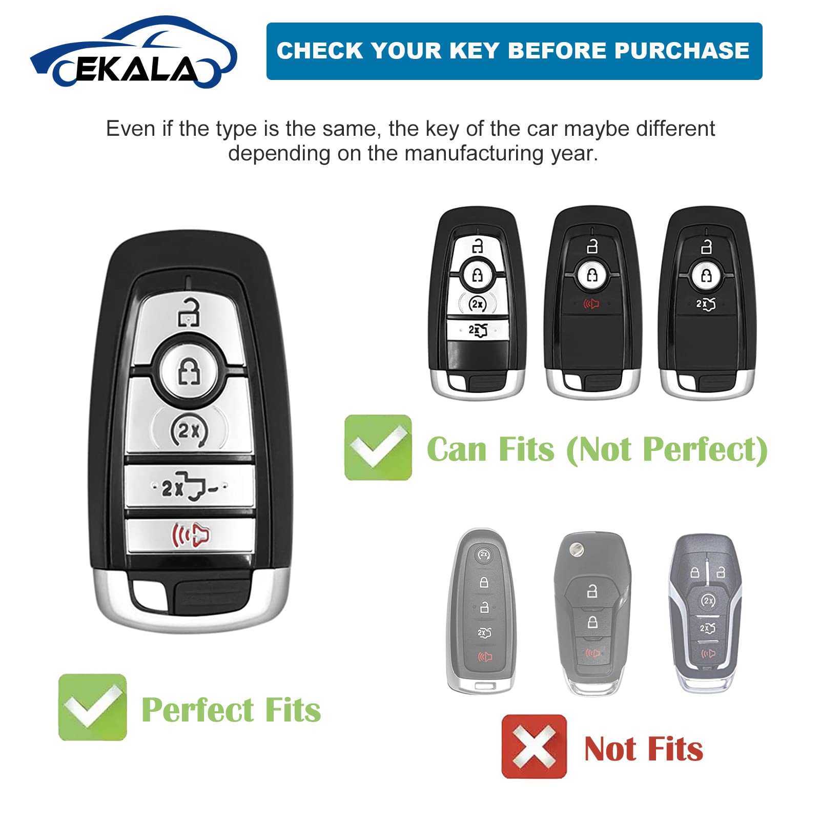 EKALA for Ford Key Fob Cover with Leather Key Fob Keychain, 5 Buttons Soft TPU Keys Shells Girly White Key Fob Cover Compatible