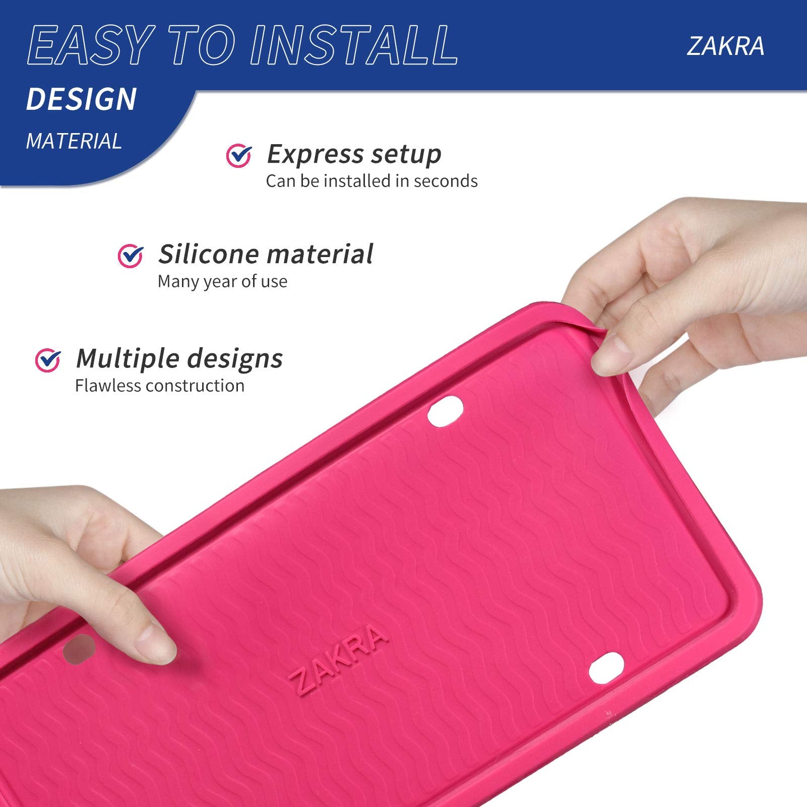 ZAKRA Silicone License Plate Frames, 2 Pack, Rust-Proof, Weather-Proof, Hotpink, Model FRAMES-HOTPINK
