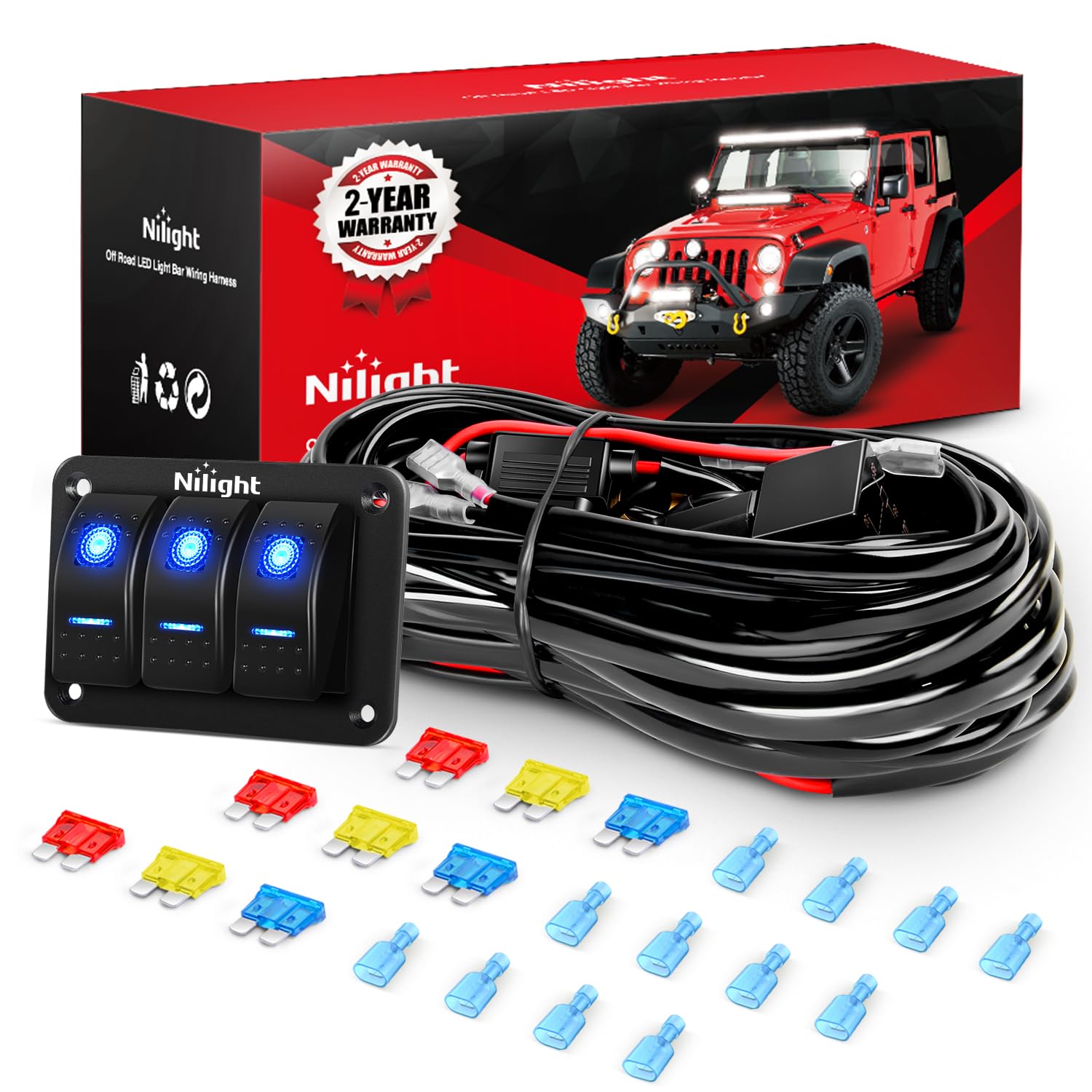 Nilight 16AWG LED Light Bar Wiring Harness Kit 12V On/Off 3 Gang LED Pod Lights Rocker Switch Panel Power Relay Fuse 5Pin Toggle