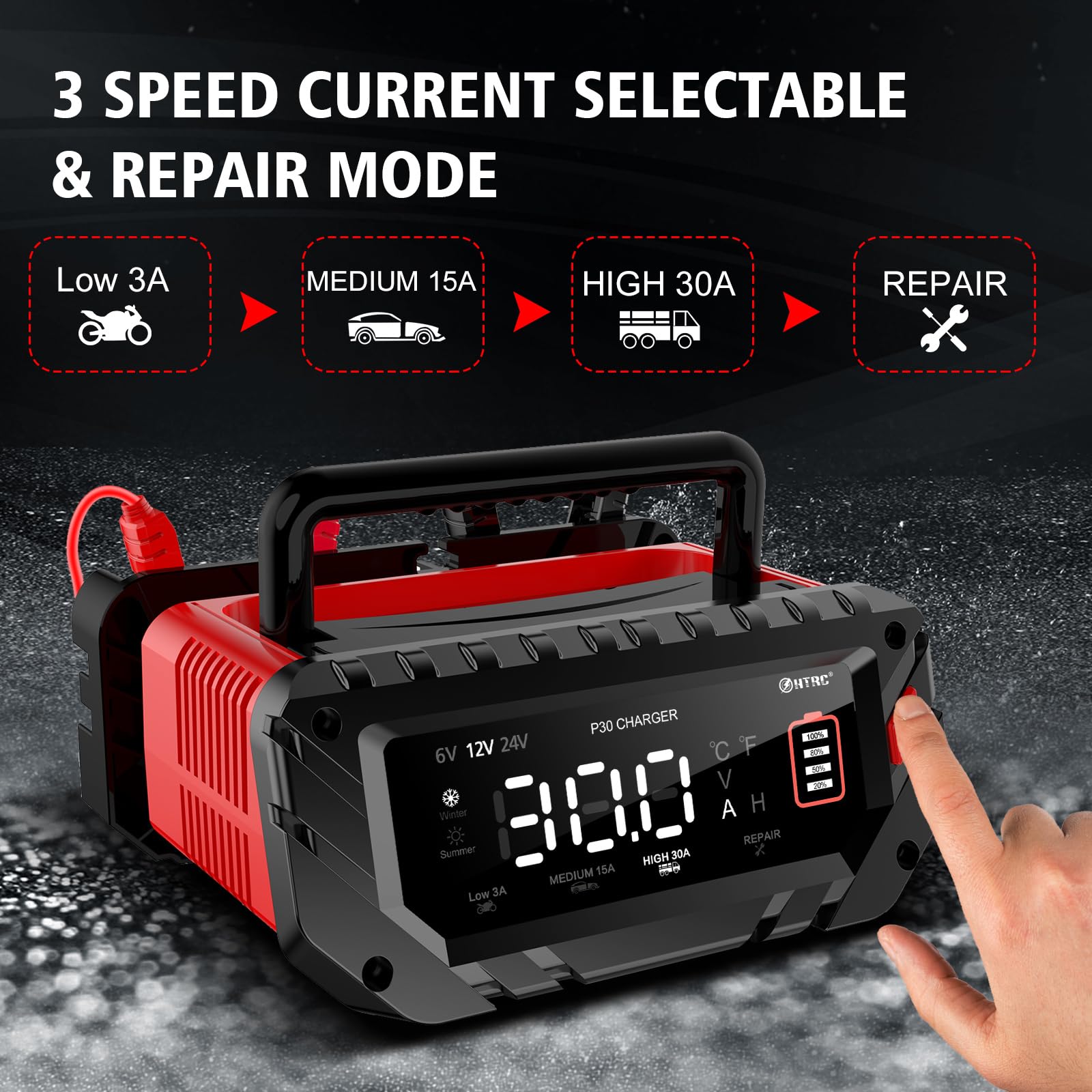 Yhchkj 30 Amp 6V/12V/24V Smart Trickle Charger, Car Battery Charger, Lithium, Lifepo4, Lead Acid (Agm/Gel/Sla) Battery Maintainer, Desulfurizer, For: Car, Boat, Motorcycle, Lawn Mowers