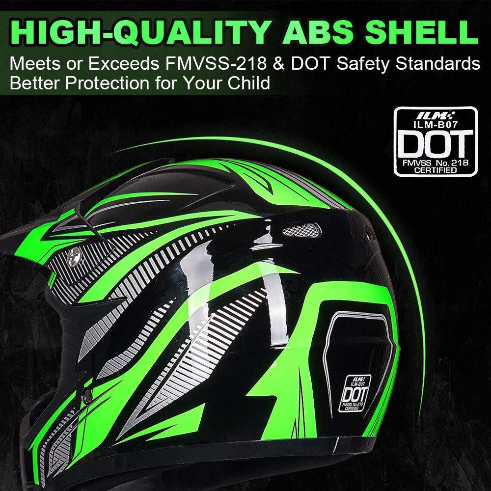 Ilm Youth Kids Atv Motocross Helmet Goggles Sports Gloves Dirt Bike Motorcycle Off Road Dot Approved B07 (Youth-L, Green/Silver)