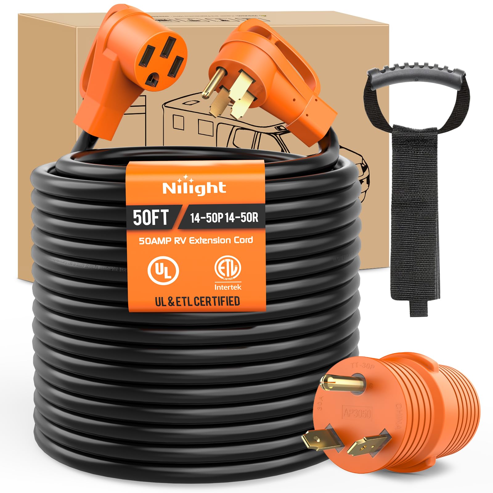 Nilight 50Ft 50 Amp Rv Extension Cord With Adapter 30Amp To 50Amp 250V Heavy Duty 6/3+8/1 Gauge Pure Copper Stw Wire Ul Etl List