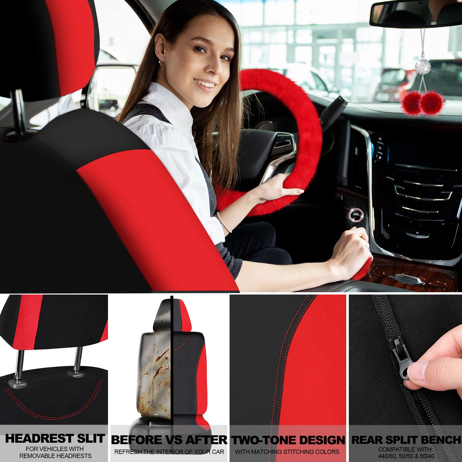 Tallew 17 Pcs Car Seat Cover Full Set For Car Front Rear Fluffy Steering Wheel Cover Soft Fleece Handbrake Shift Hanging Accesso