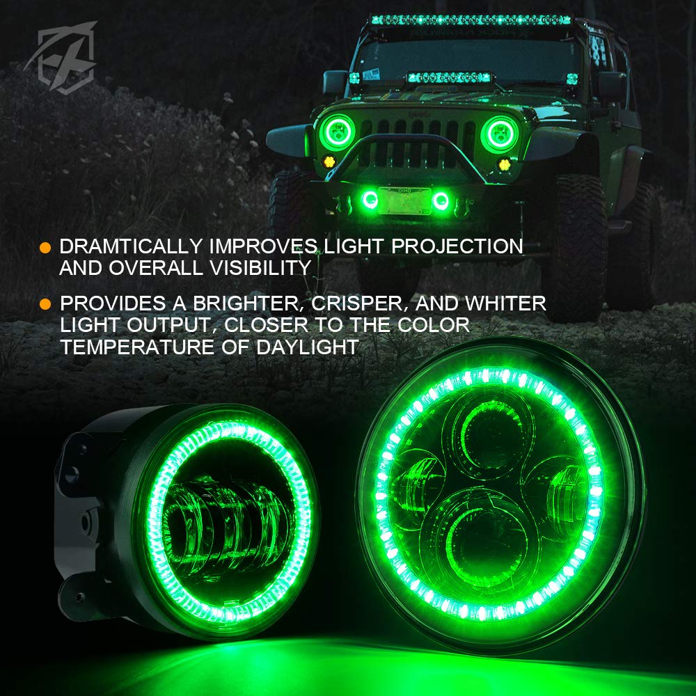 Xprite 7'' 90W Led Headlights & 4 Inch 60W Fog Lights Combo W/Green Halo Angel Eye Compatible With 2007-2018 Jeep Wrangler Jk, D