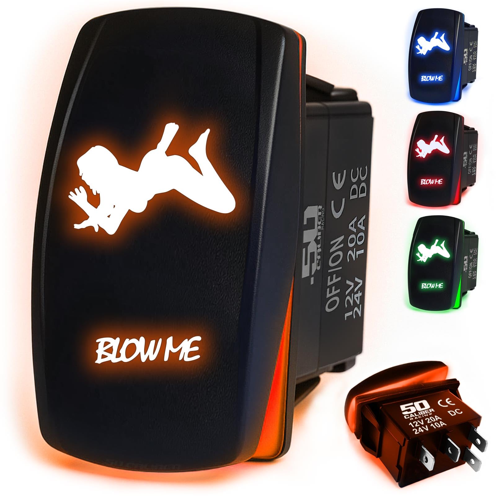 50 Caliber Racing Rocker Switch Blow Me On/Off Led Backlit -Headlights- Utv, Auto, Boat 20A 12V (Orange 5359A27)