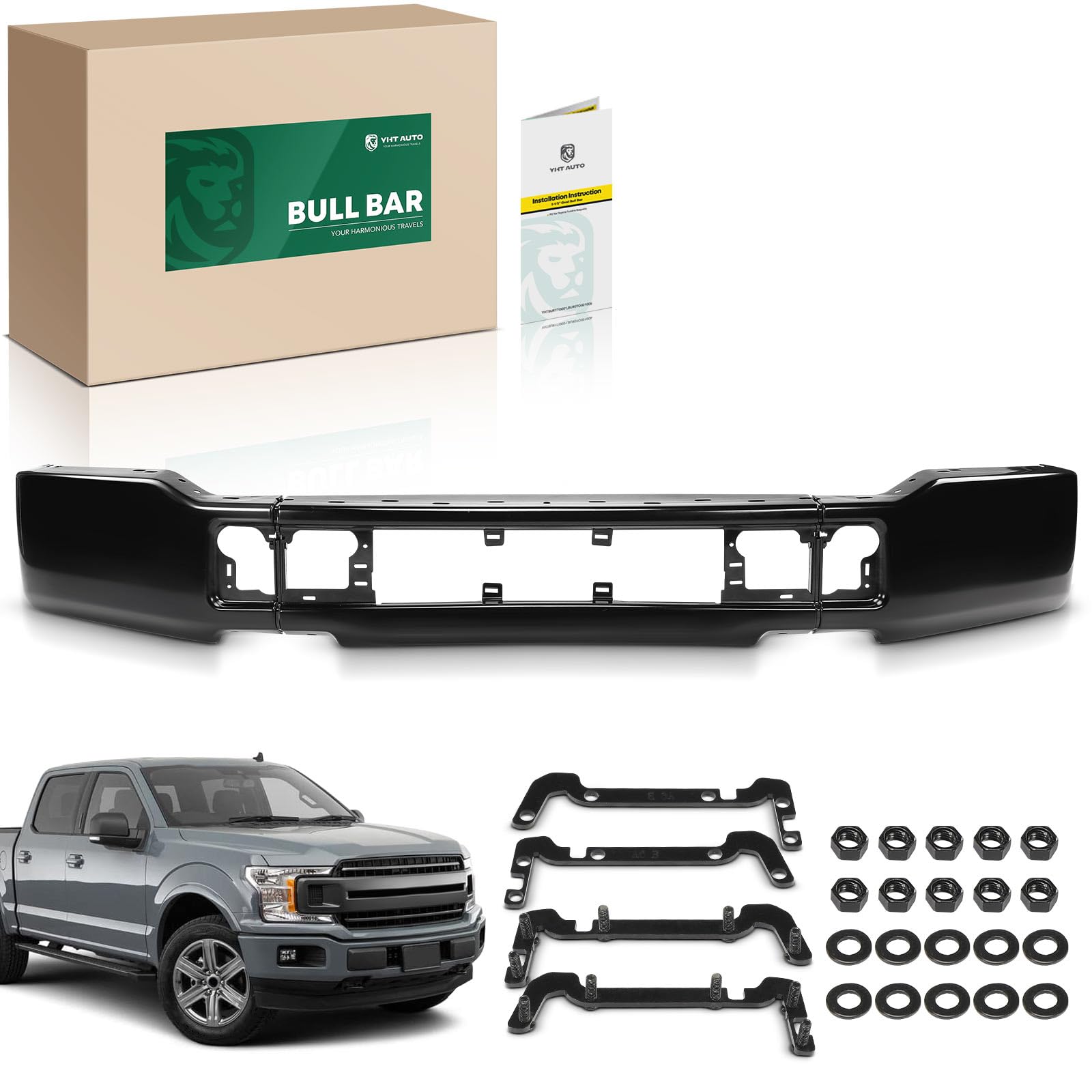 YHTAUTO Front Bumper Face Bar Compatible with Ford F-150 2018 2019 2020, without Fog Light Holes, Steel Black Bumper Replacement
