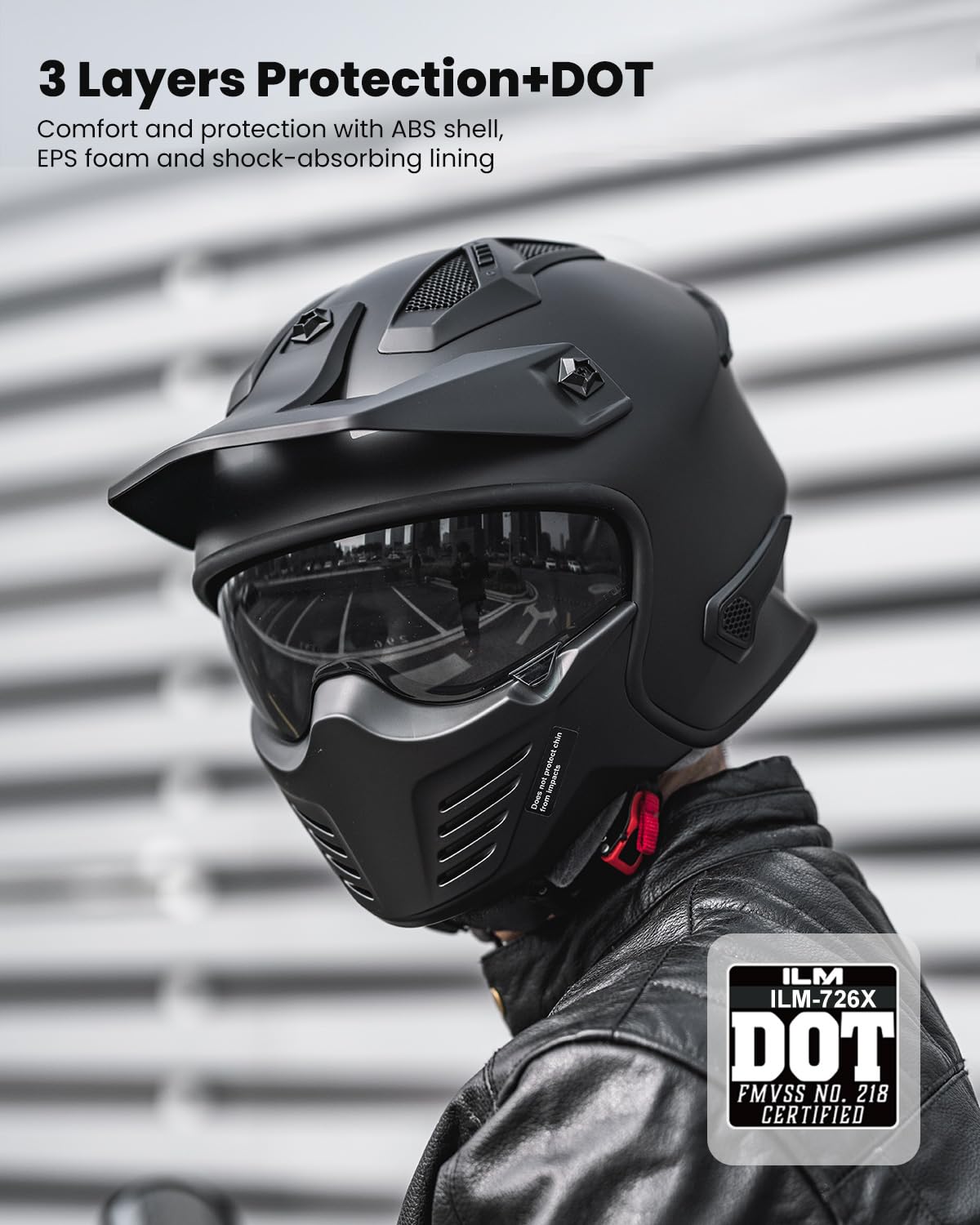 Ilm Open Face Motorcycle 3/4 Half Helmet For Dirt Bike Moped Atv Utv Motocross Cruiser Scooter Dot Model 726X(Matte Black,2Xl)