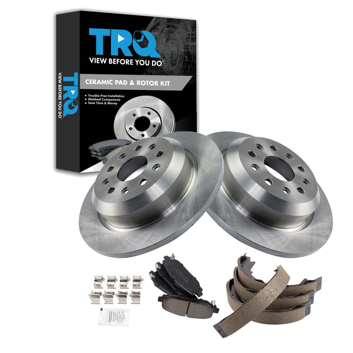 Trq Rear Brake Pad & Rotor Kit Brake Pads Brake Rotor Parking Brake Shoe Set Ceramic Compatible With 2018-2021 Jeep Wrangler