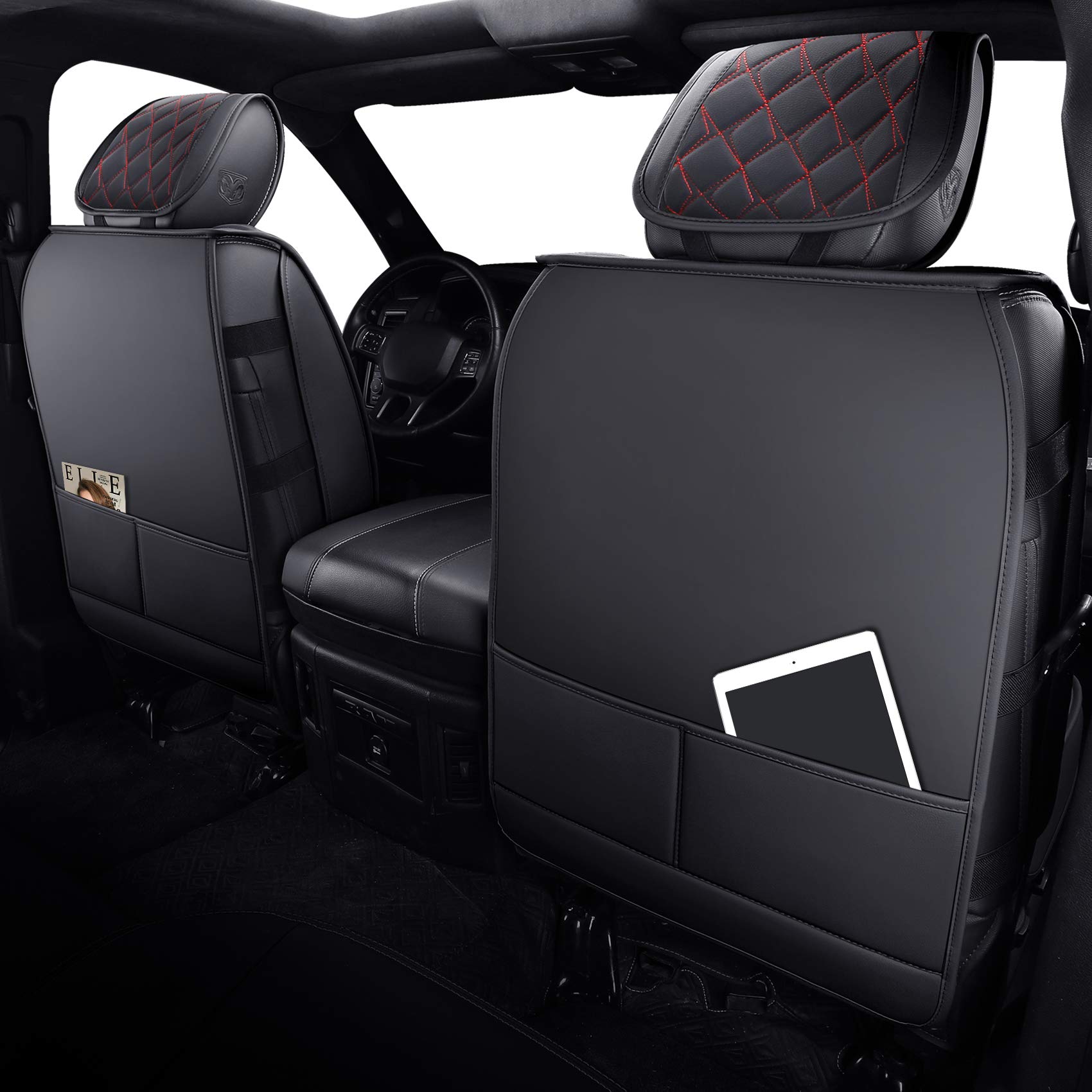 Aierxuan Dodge Ram Front Seat Covers Custom Fit 2009-2023 1500 2500 3500 Crew Quad Regular Cab Truck Pickup Waterproof Leather Airbag Compatible Cushions(2 Pcs Front/Black-Red)