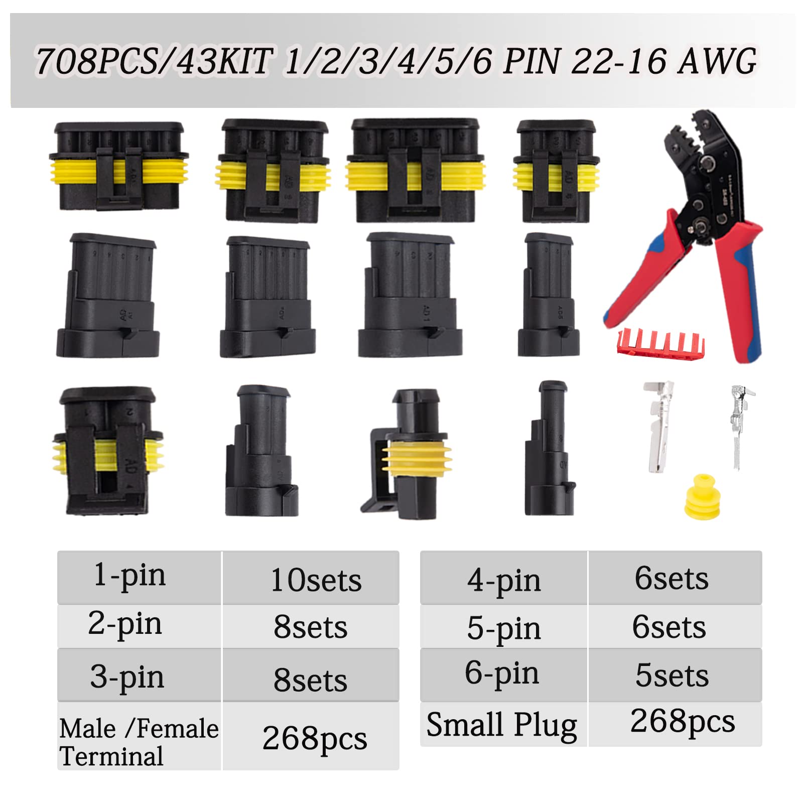 708Pcs Waterproof Electrical Wire Connector Terminals Plug Kit 1/2/3/4/5/6 Male&Female Pin Automotive Wire Connectors Kit with W