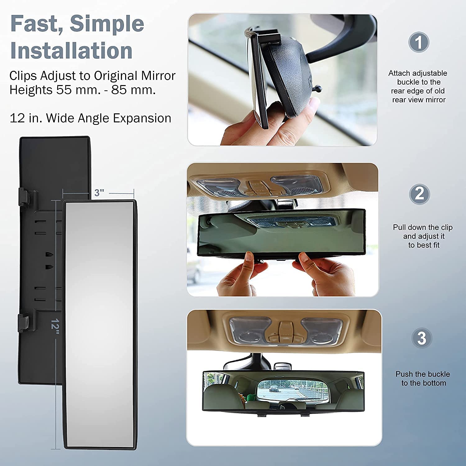 Verivue Mirrors Universal 12 Inch Interior Clip On Panoramic Rearview Mirror, Anti Glare, Clear Tint, Wide Angle Mirror, Car Mir
