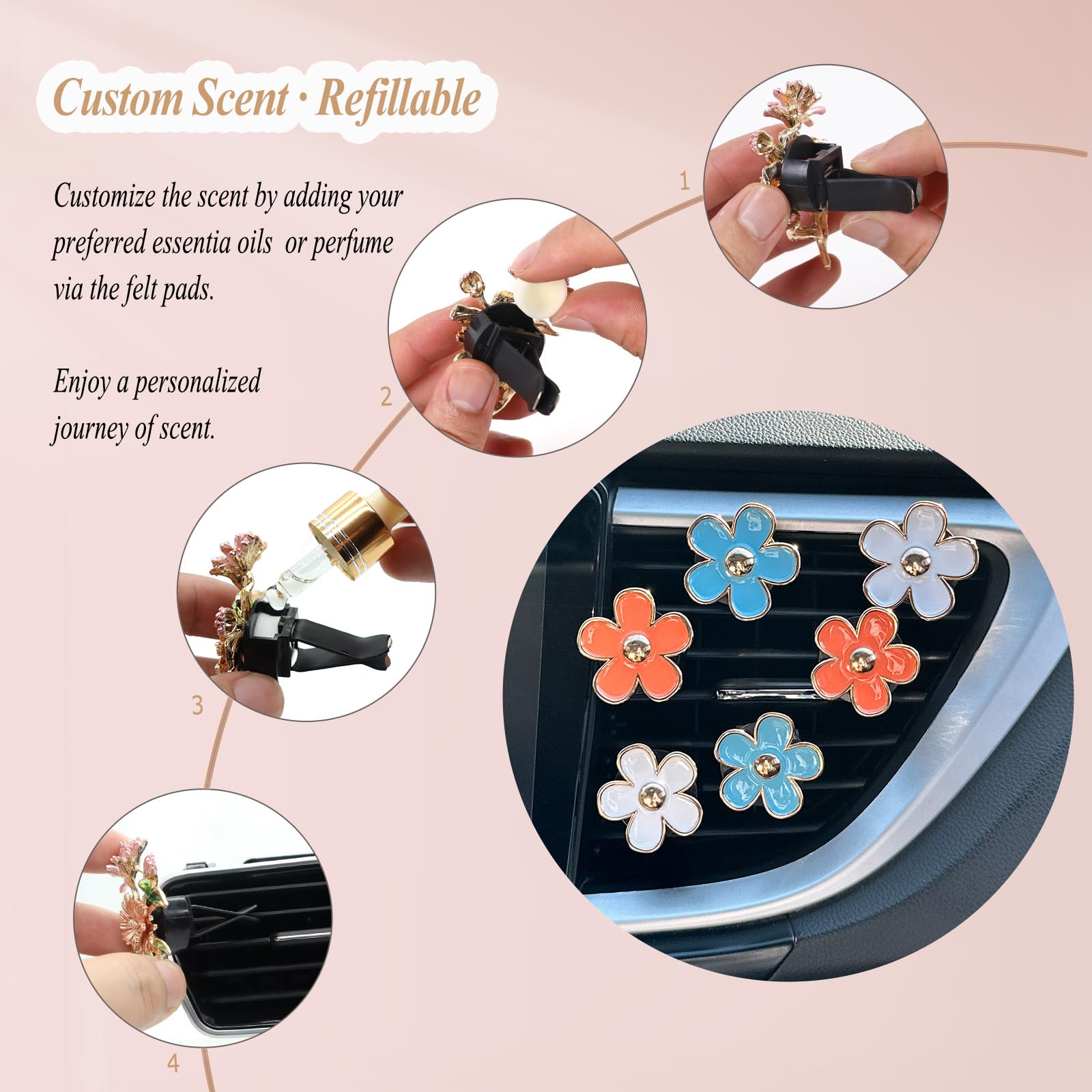 Oriesse 6Pcs Flowers Car Air Freshener Vent Clips,Blue Orange White Daisy Air Vent Clip Car Accessories For Women,3.3Cm/3Cm Flow
