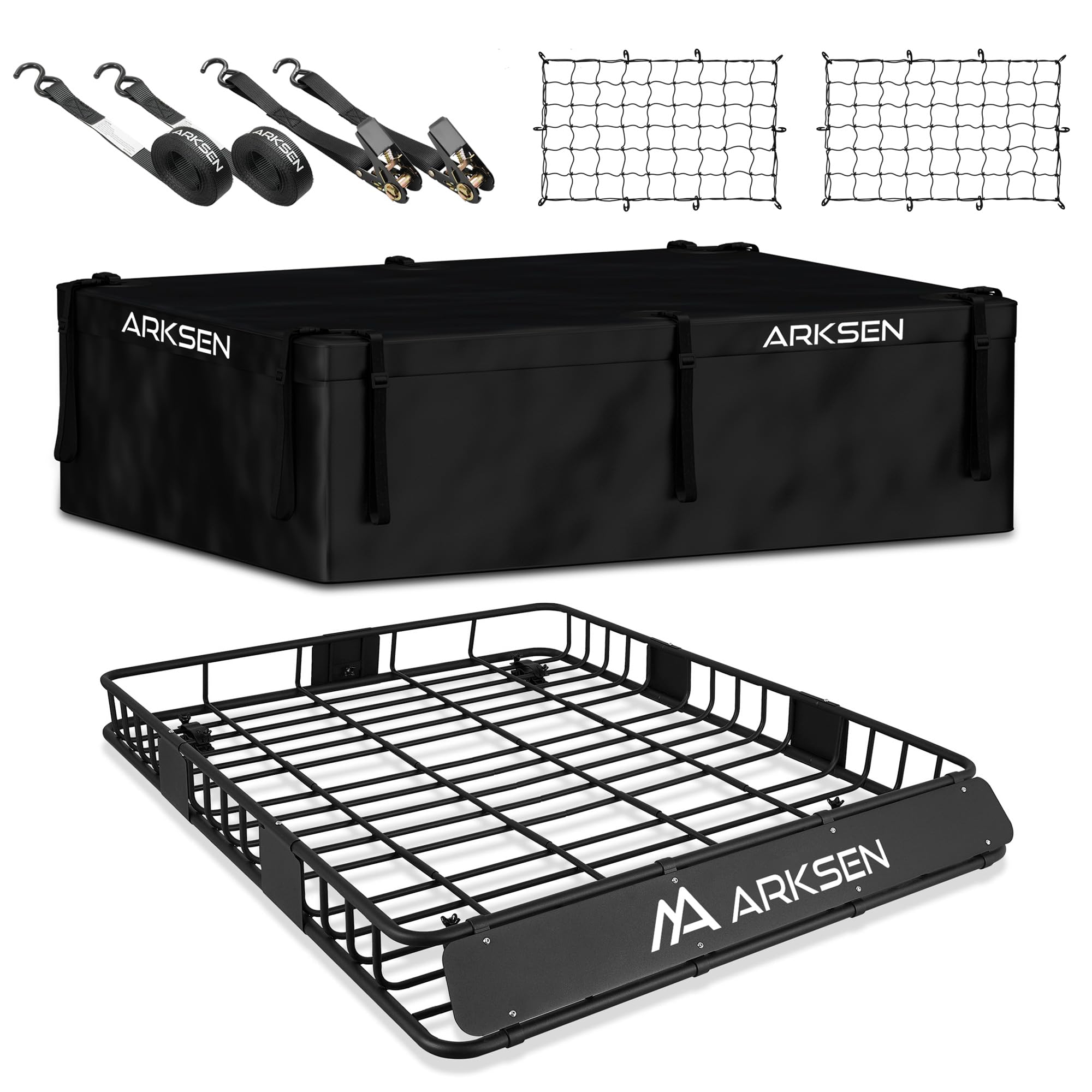 Arksen 64 X 50 X 6 Inch Universal Extra Wide 250Lb Heavy Duty Roof Rack Cargo With 500D Pvc Waterproof Cargo Bag, Nylon Cargo Ne
