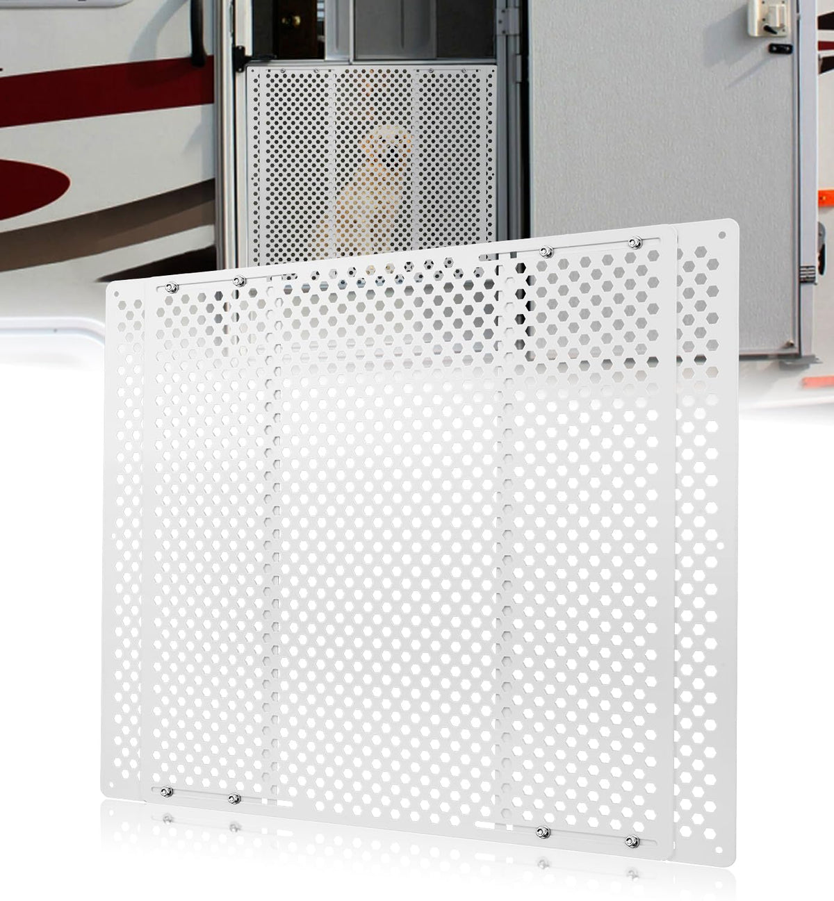 Aupar Aluminum Alloy RV Entry Screen Door Grille Adjusts from 22- 31.5, Adjustable RV Door Screen Protector, White