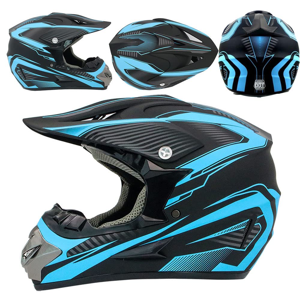 Motocross Helmet,Adult &Youth Trend Full Face Helmet,Atv Motorcycle Helmet,Dirt Bike Downhill Off-Road Mountain Bike Helmet,Dot Certified,4-Piece Set (Blue, Xl)