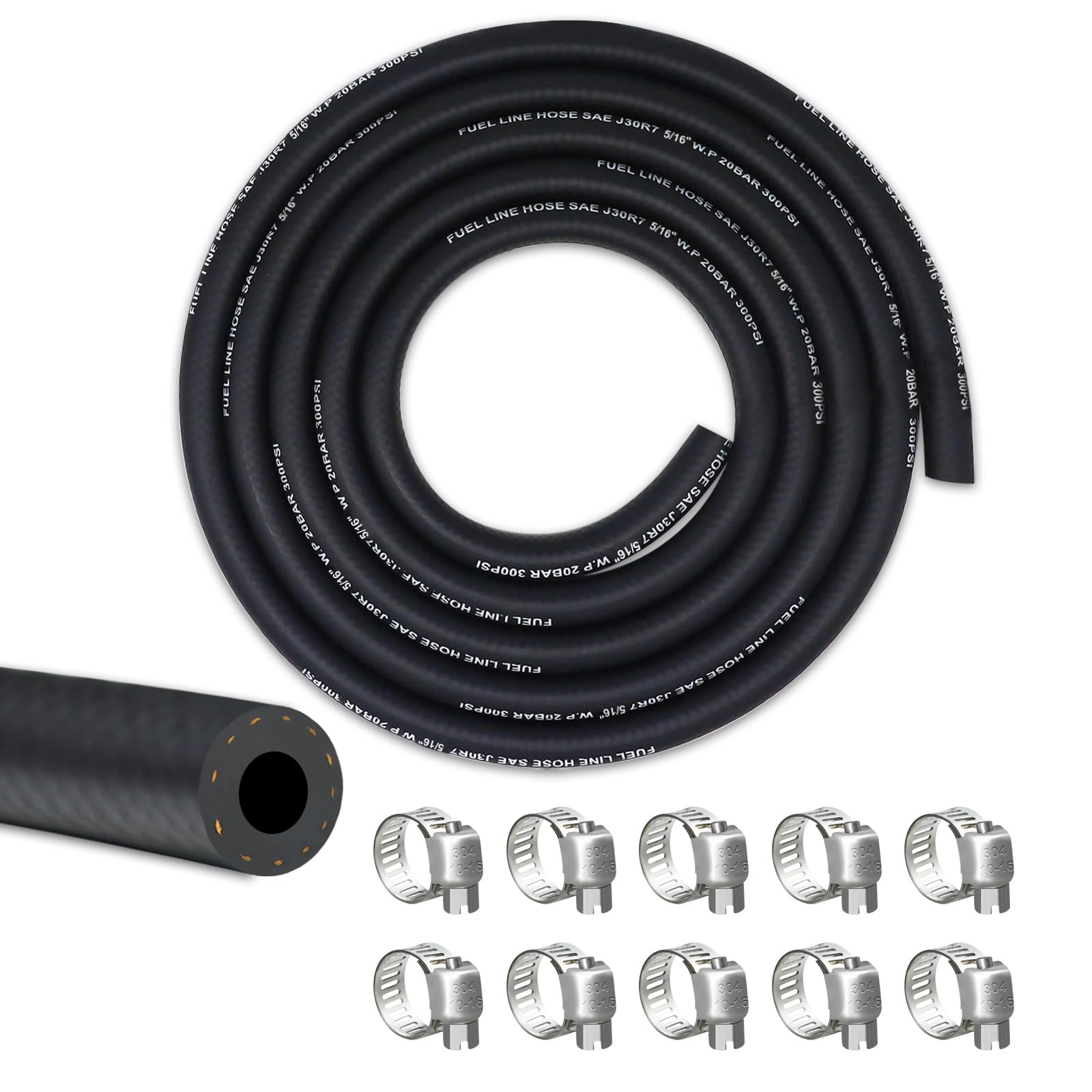 Vwtni 5/16 Fuel Hose, 10 Feet Nbr Rubber Gasoline Tube With 10 Pcs Stainless Steel Clamps, Fuel Line Kit