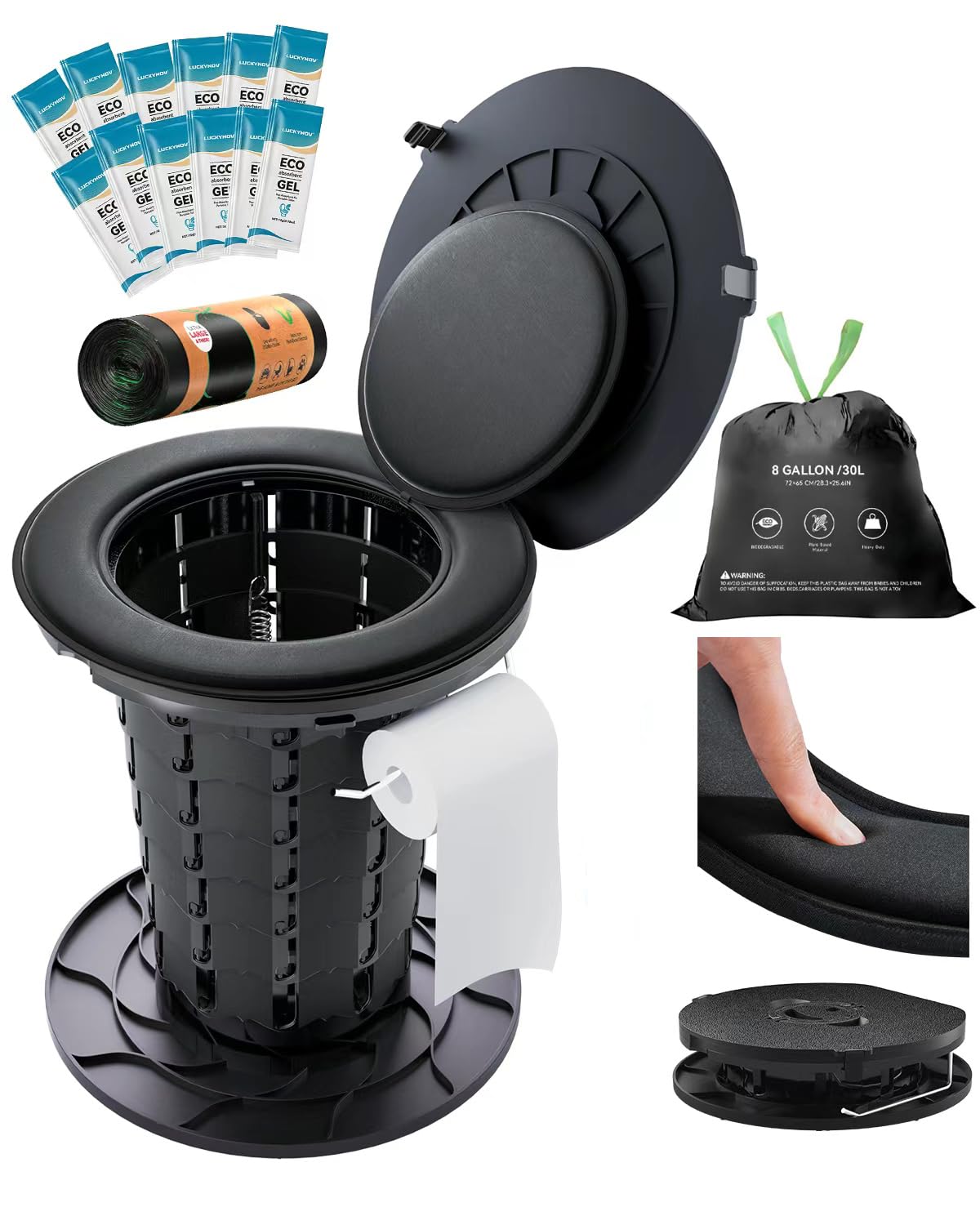 LuckyNov Adjustable Height Portable Toilet with Soft Seat Cushion, Waste Bags & Gel, Camping Toilet for Adults & Kids, Compact T