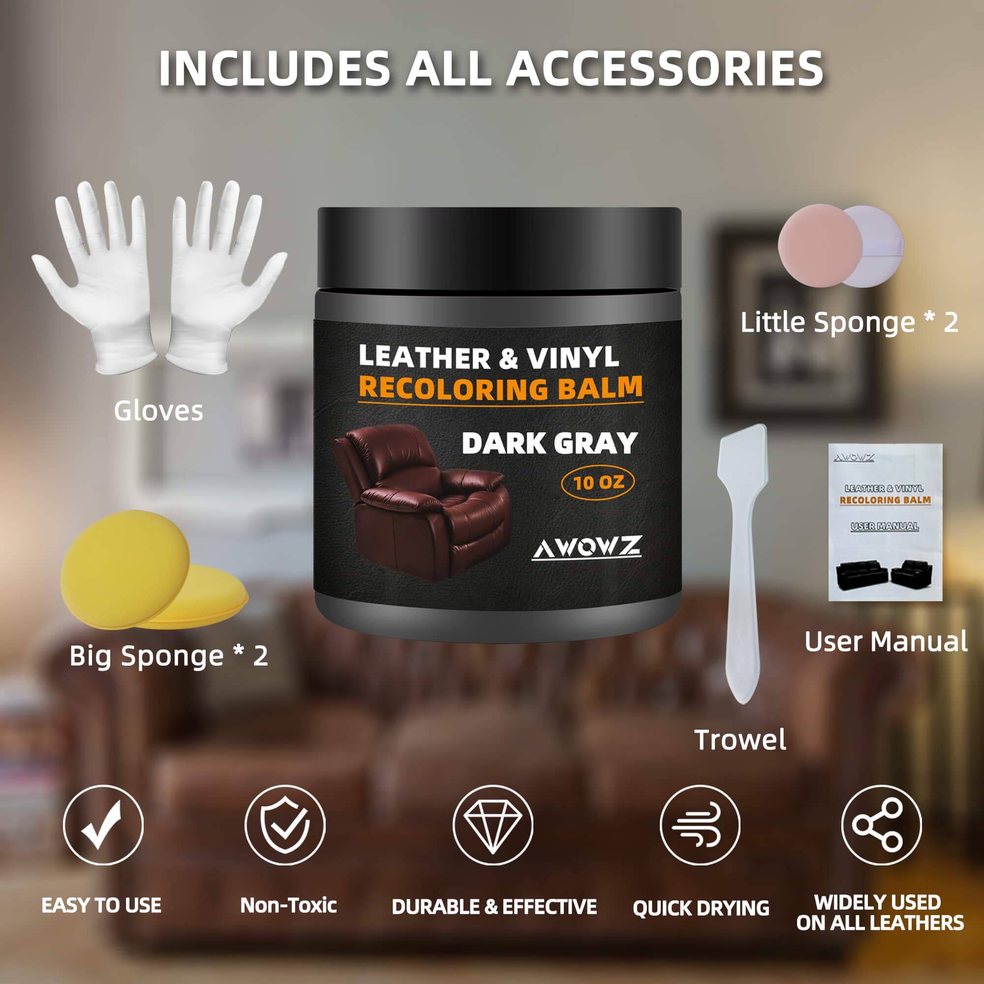 AWOWZ Leather Recoloring Balm - 10OZ Scratch Repair Kit for Faded Leather, Dark Gray, Model SG, for Furniture & Car Seats