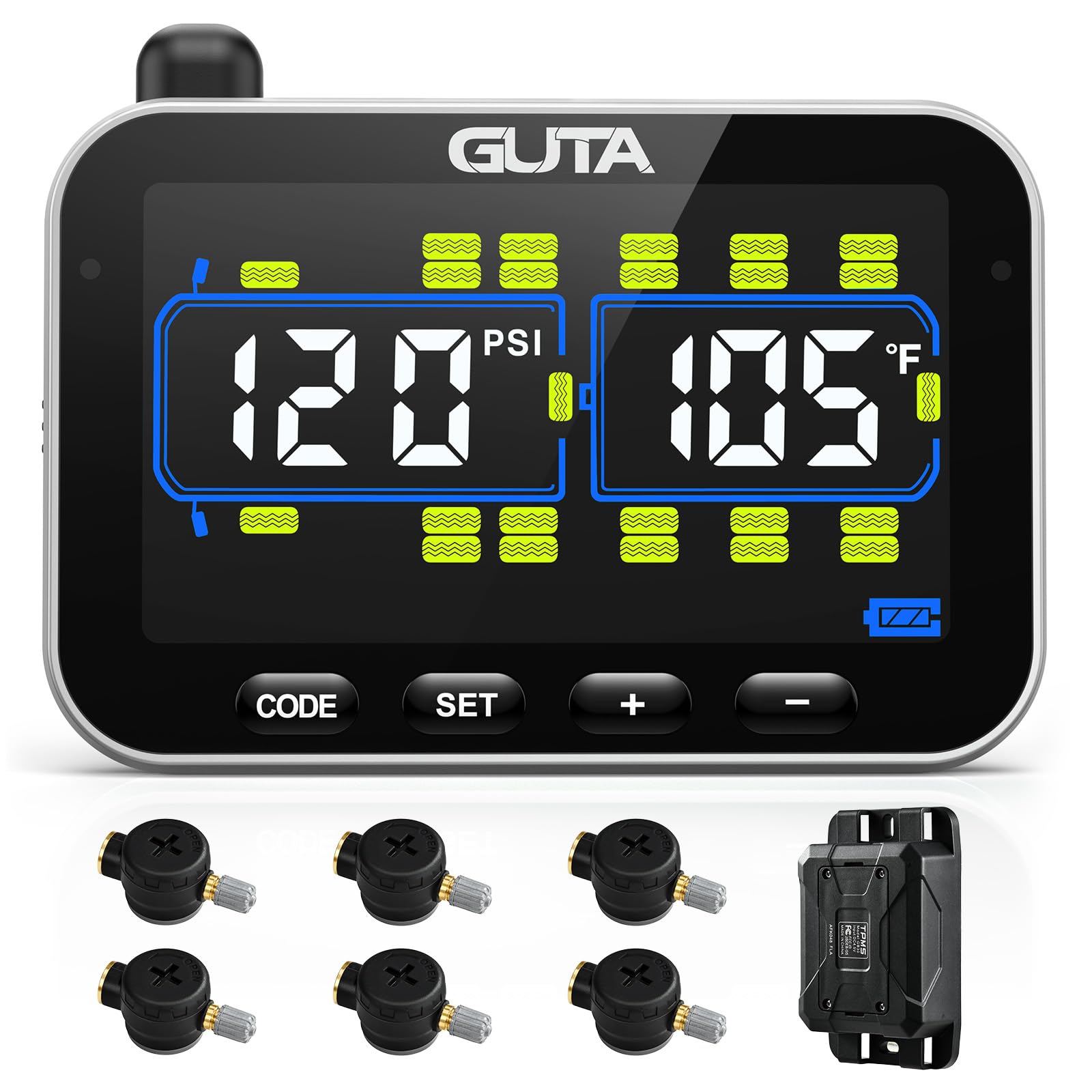GUTA Tire Pressure Monitoring System, RV Trailer TPMS with 6 Flow Thru Sensors & Color LCD Display, 6 Alert Modes, Signal Booste
