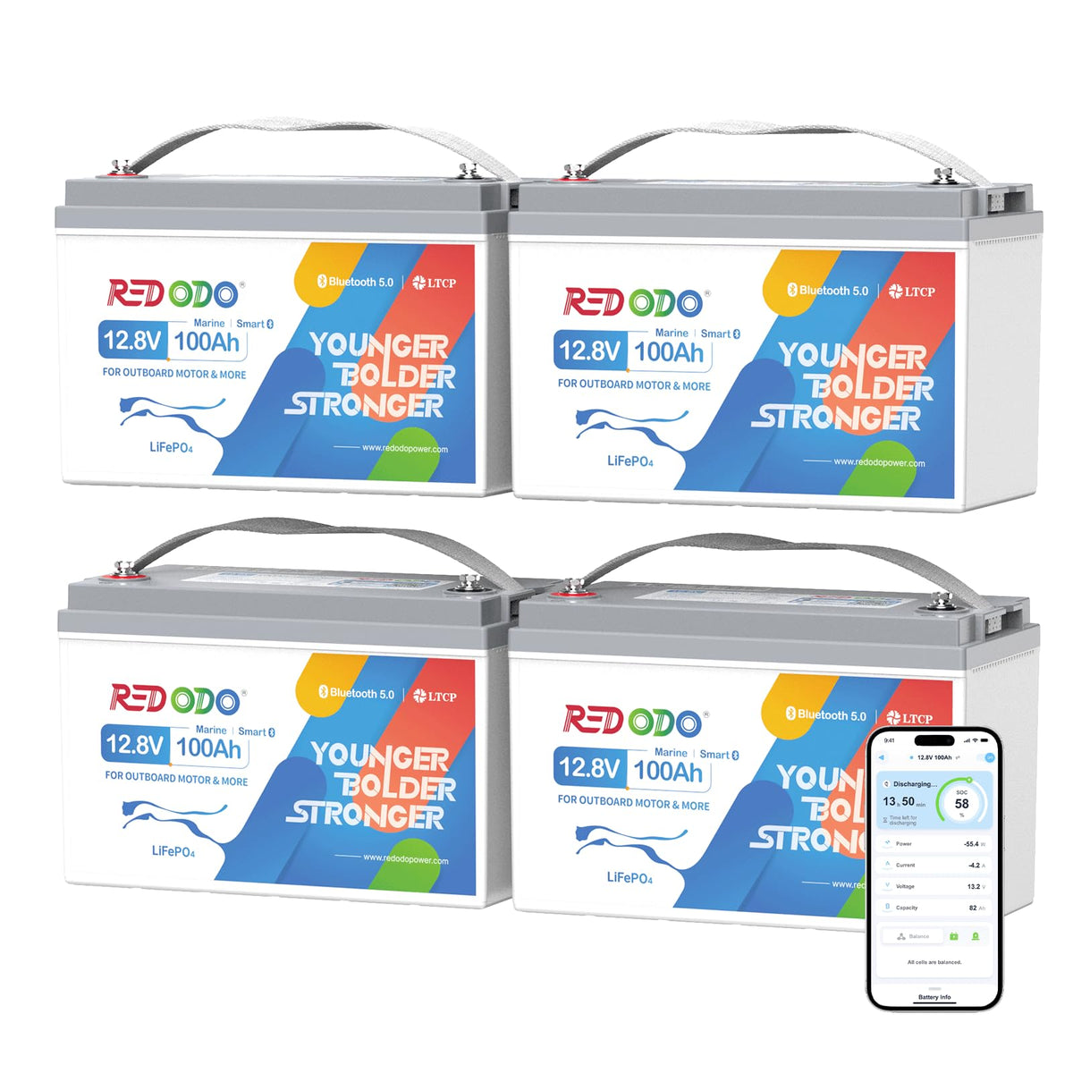 Redodo 12V 100Ah Bluetooth LiFePO4 Battery, Peak Current 500A with 100A BMS, 4 Pack 12V Group 31 Batteries in Series to 48V 100 
