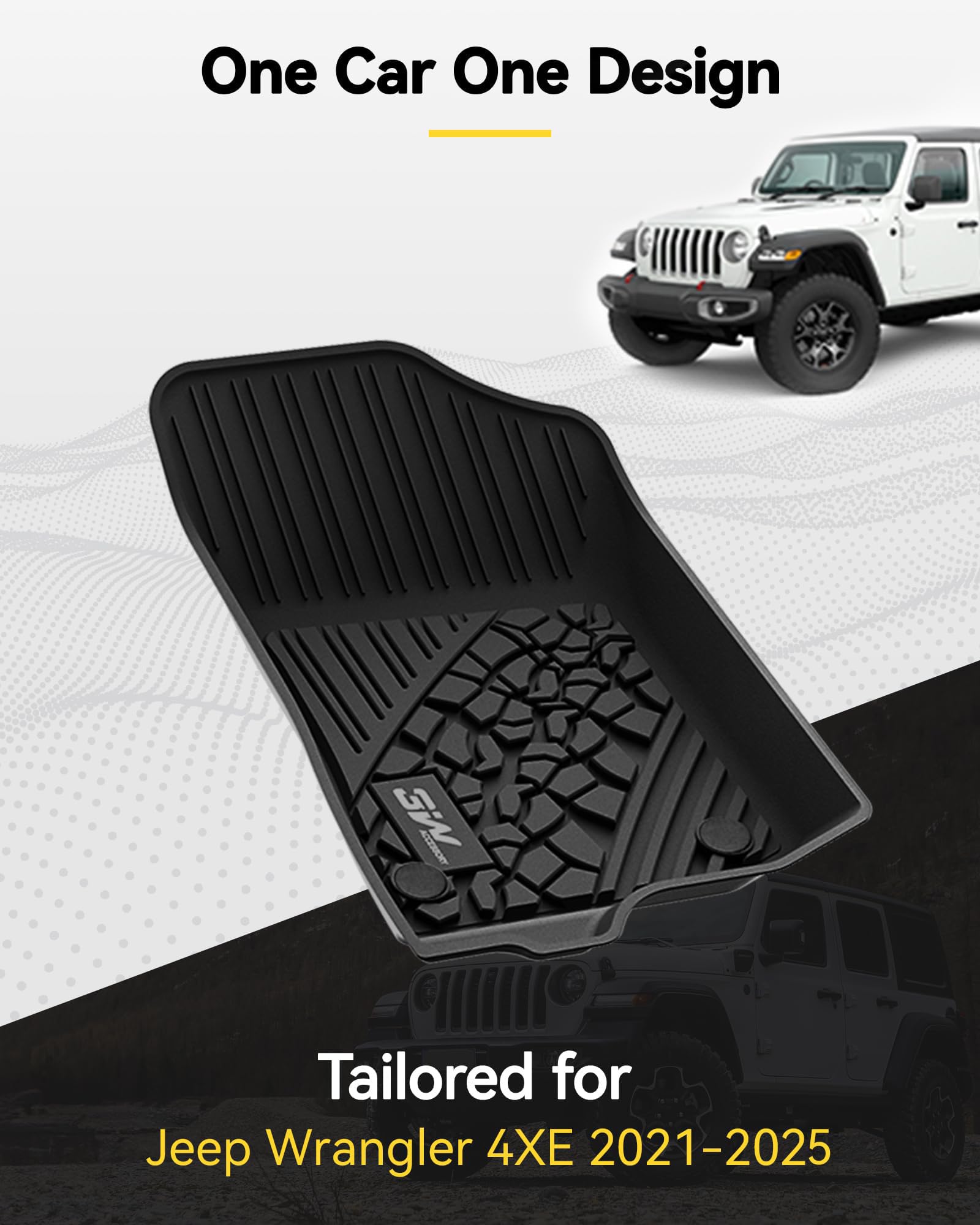 3W Floor Mats & Cargo Liner Custom Fit for Jeep Wrangler 4XE 2021 2022 2023 2024 2025 (Non JL/JK), All Weather TPE Rubber Heavy