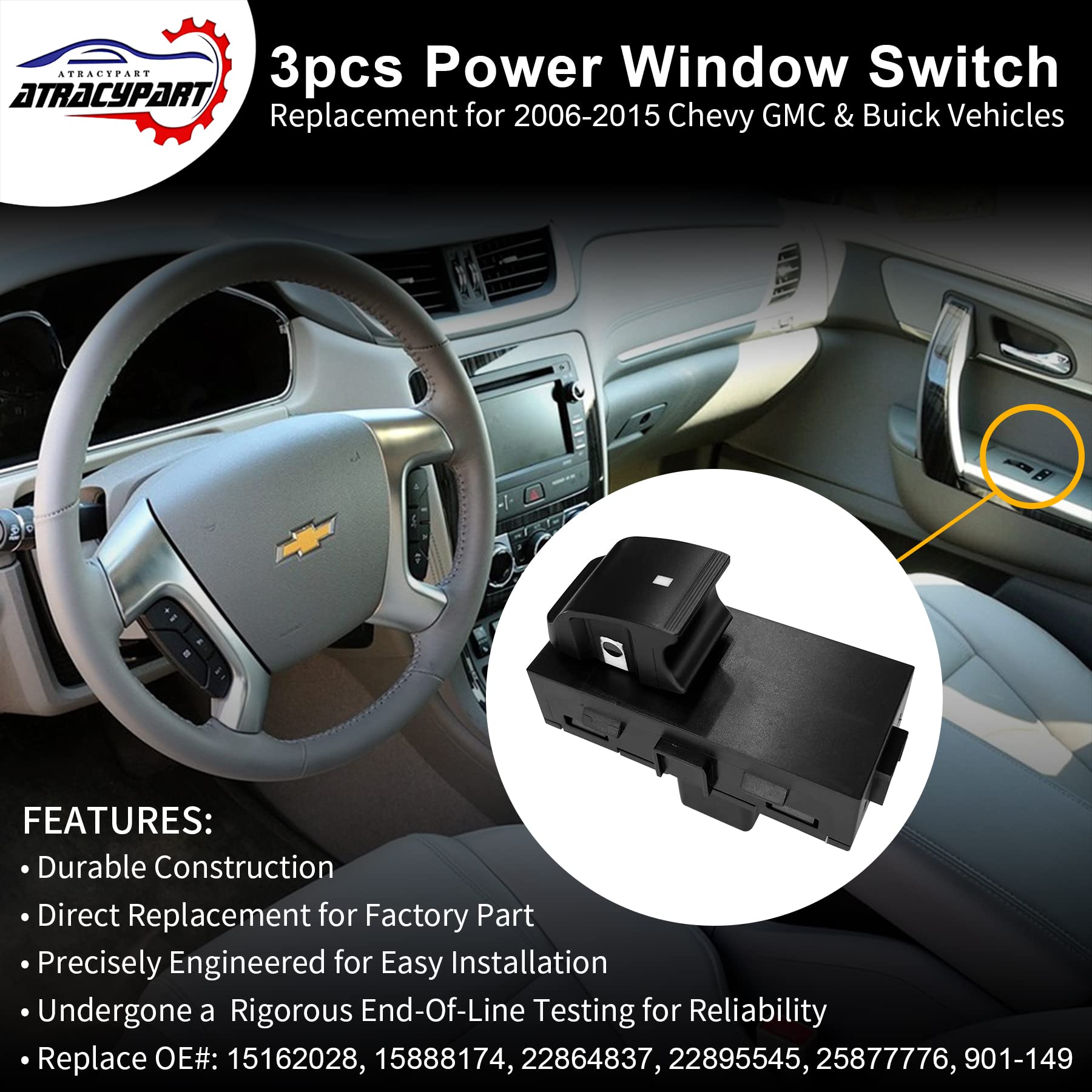 3Pcs Power Window Switch Passenger Front Right, Rear Left Or Right | Window Buttons | Replacement For 2006-2015 Chevy Gmc & Buic