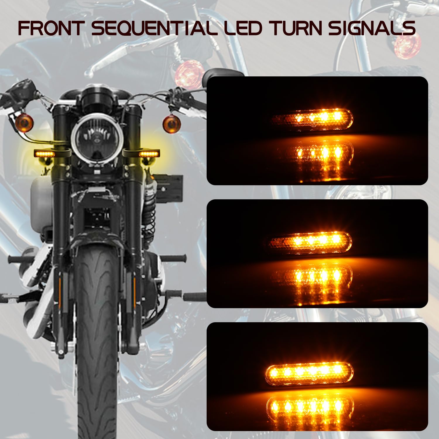 Motoparacc Switchback Sequential Front Fork Led Turn Signals With Relocation Kit, Motorcycle Running Lights For 39-41Mm Front Mount Fork Harley Sportster 883 1200 Dyna Touring Road King 1986-2013