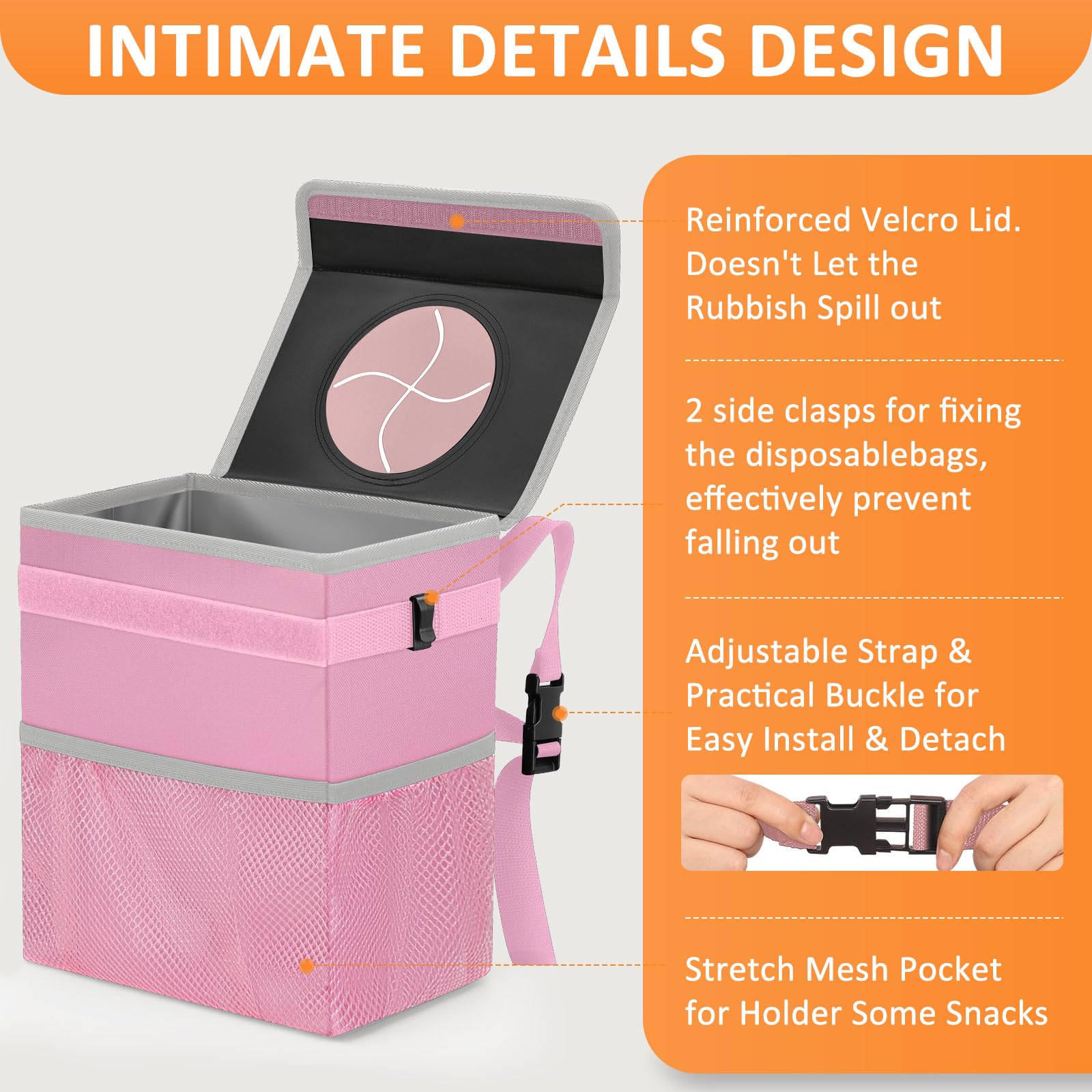 Vankor Pink Car Trash Can Cute, Pink Car Accessories For Women Waterproof Automotive Garbage Cans Leak Proof Vehicle Trash Can