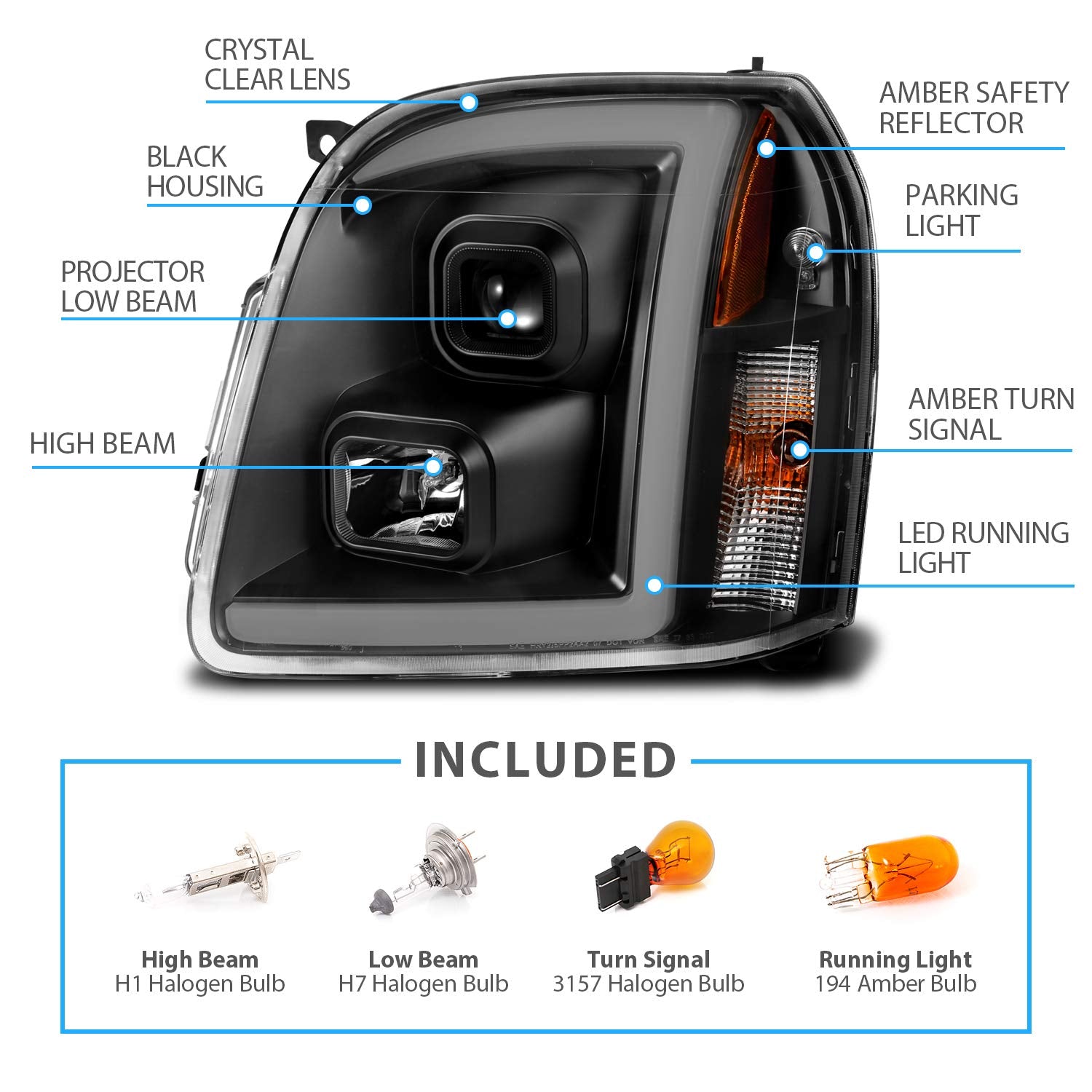 Amerilite Led Bar Projector, Halogen, Led Car Headlights Set For 2007-2014 Gmc Yukon/Yukon Xl/Denali Driver + Passenger Side, Ve