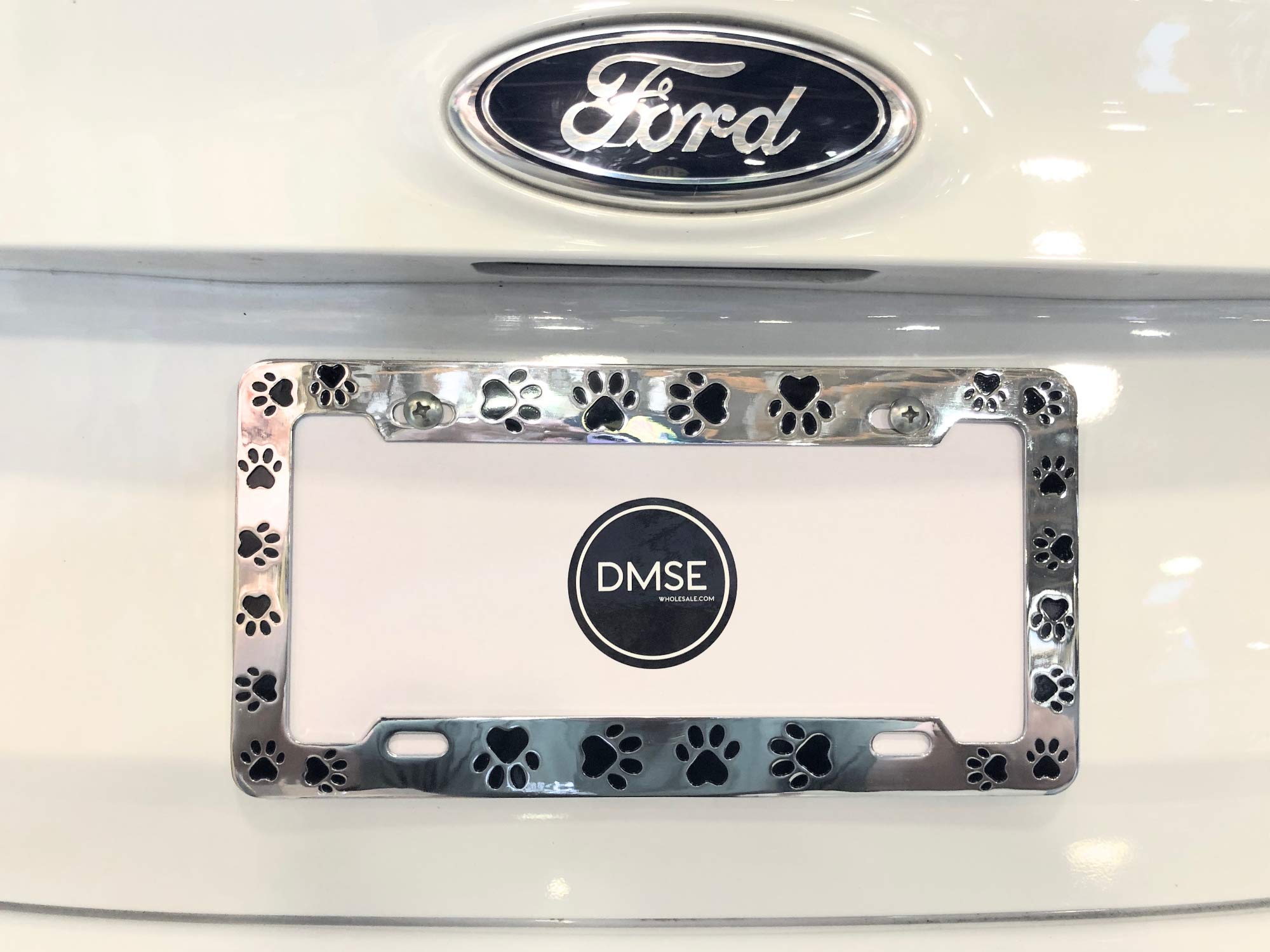 Dmse Animal Paws License Plate Frame For Your Car Automobile Easy Installation Durable Universal Fit (Chrome Plated With Black P