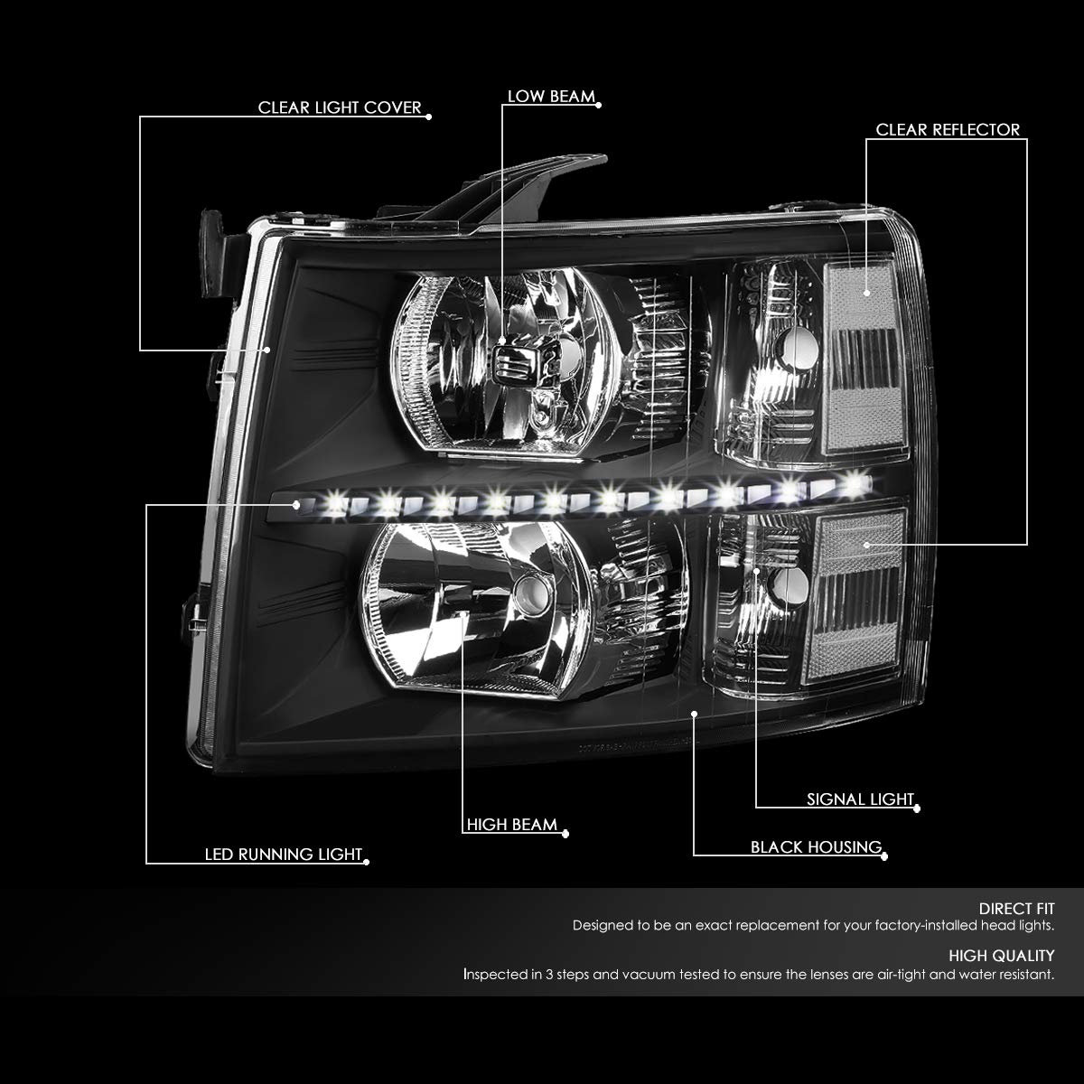 Dna Motoring Pair Led Drl Headlights Compatible With 07-13 Chevy Silverado 1500 07-14 Silverado 2500 3500 Hd, Black/Clear, Hl-Le