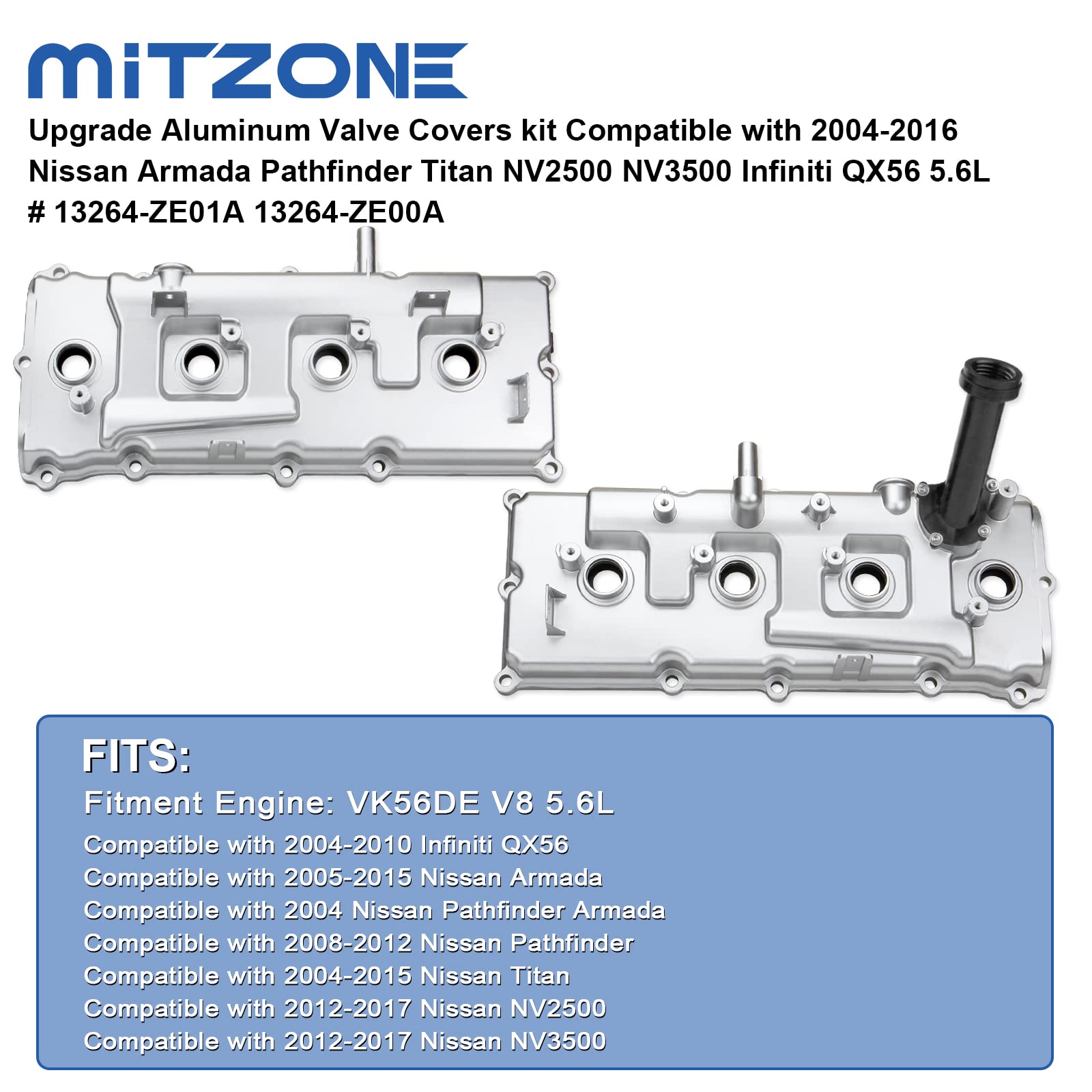 Mitzone Upgrade Aluminum Valve Covers Kit Compatible With 2004-2016 Nissan Armada Pathfinder Titan Nv2500 Nv3500 Infiniti Qx56 5.6L # 13264-Ze01A 13264-Ze00A